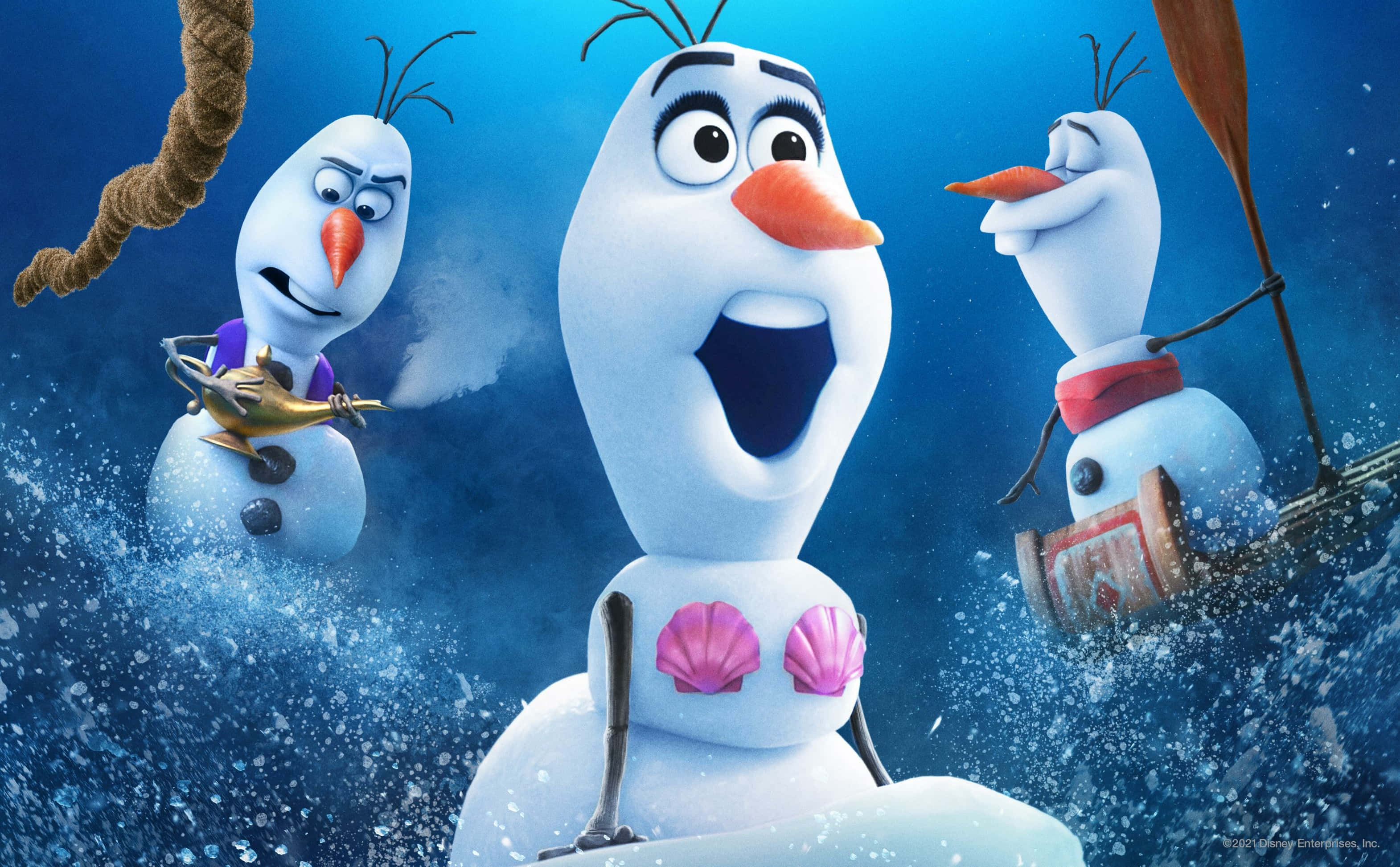 Olaf 桌布 壁紙 — 三個動畫雪人，有胡蘿蔔鼻子和樹枝手臂，在冰冷的藍色水中潑水，其中一個戴著粉紅色貝殼。
