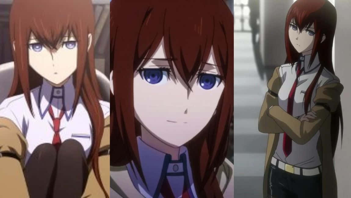 kurisu makise 桌布 壁紙 — 三個動畫面板展示一個紅髮藍眼、穿著校服的女孩在不同場景中自信地擺姿勢。