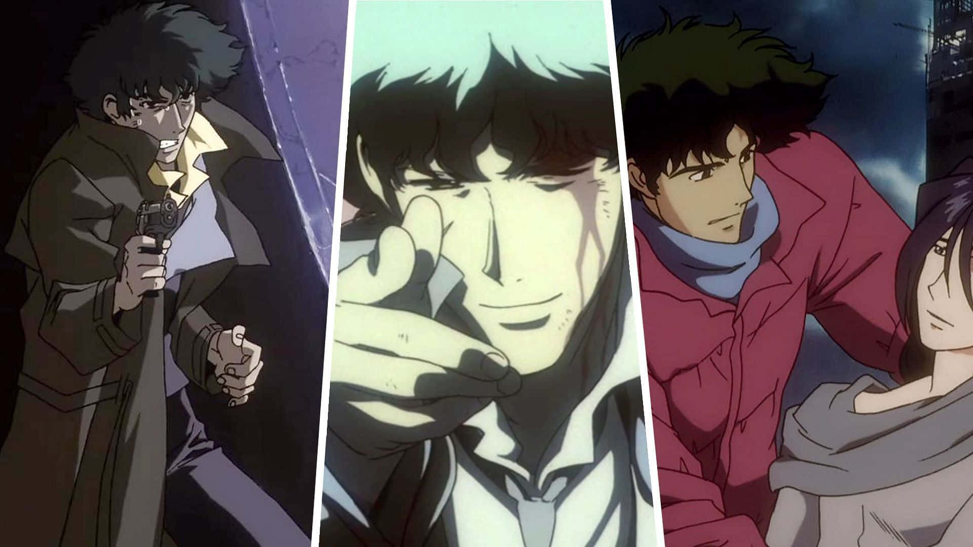 Cowboy Bebop Gren 桌布 壁紙 — 三個動畫面板展示了一個手持槍的粗獷偵探、一隻手拿著香煙的特寫，以及與一個女人的緊張時刻。