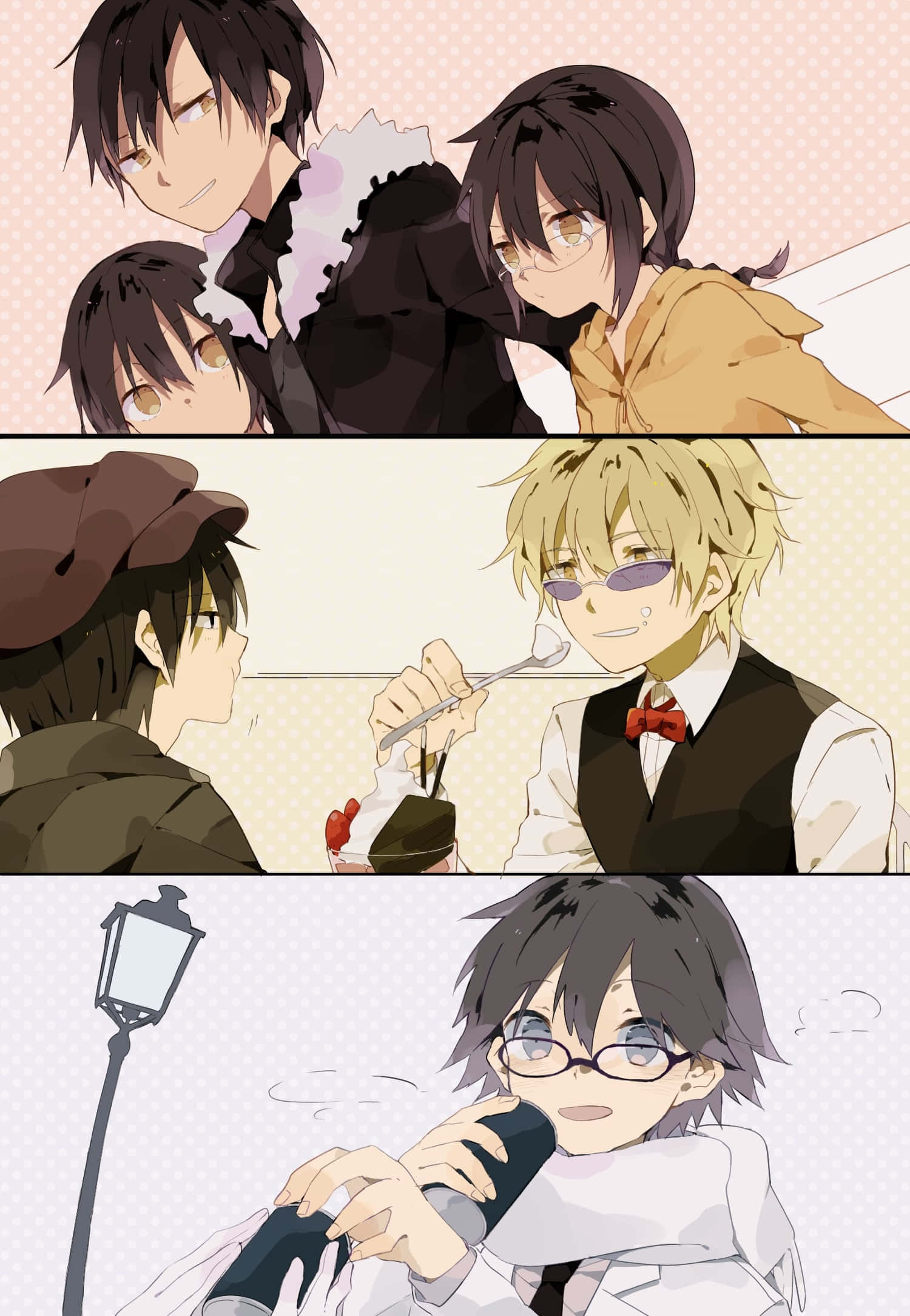 Shinra Kishitani 桌布 壁紙 — 三個動畫面板展示了角色在親密時刻：三人擠在一起，一個金髮男子餵食另一個人，以及一個戴眼鏡的男孩拿著麥克風。