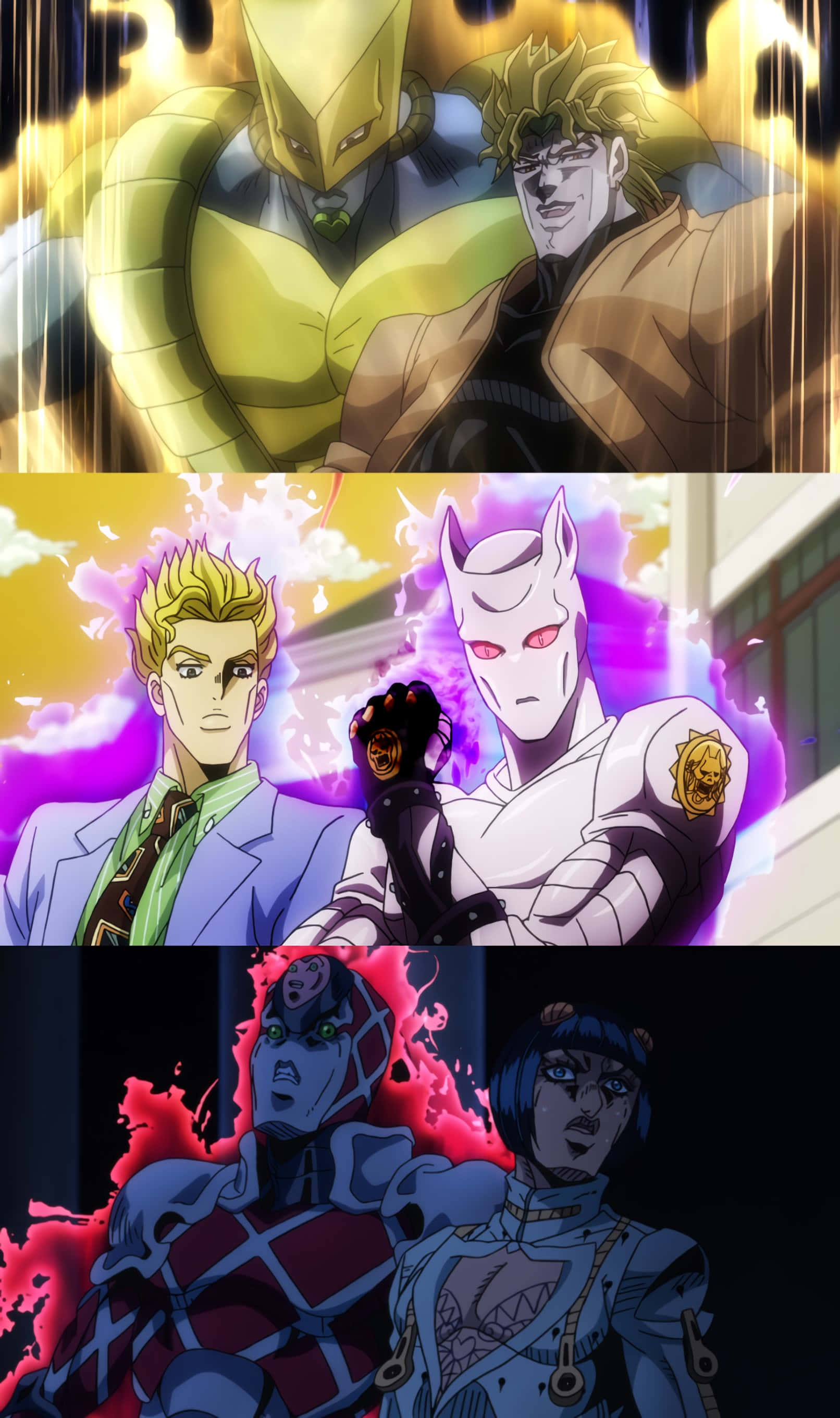 Jojo Stands 桌布 壁紙 — 三個動畫面板展示強大角色，帶有發光效果和激烈表情，處於動態戰鬥場景中。