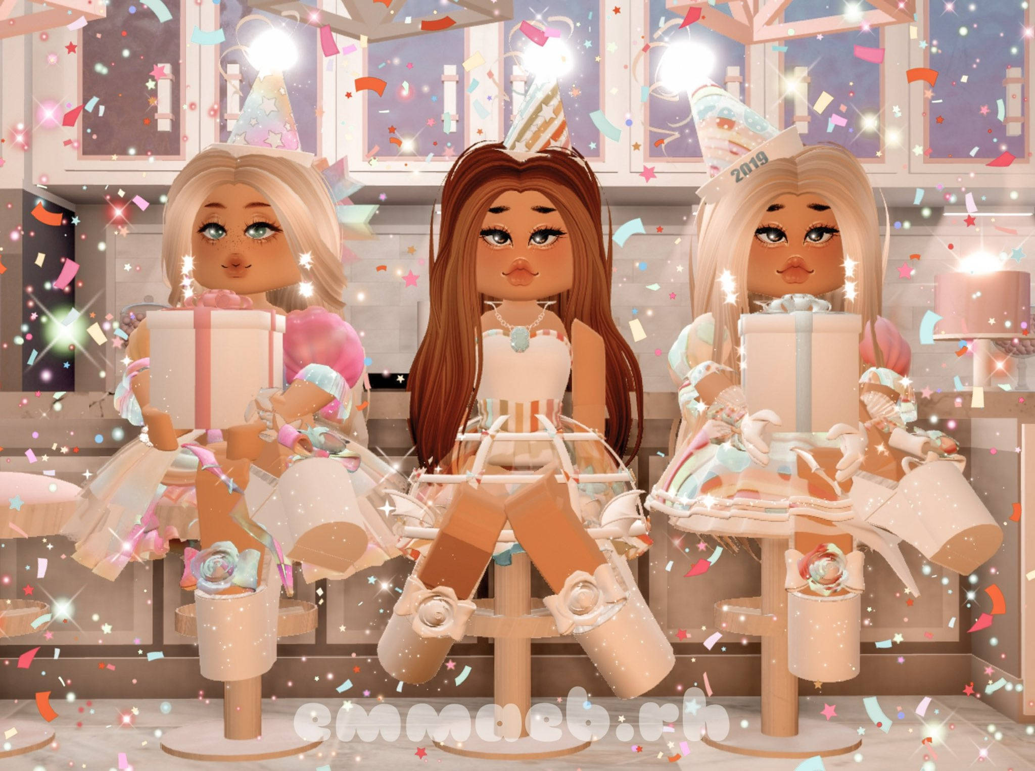 Roblox 桌布 壁紙 — 三個動畫風格的女孩子戴著派對帽坐在凳子上，手持禮物，五彩紙屑在節日氣氛的房間中飄落。