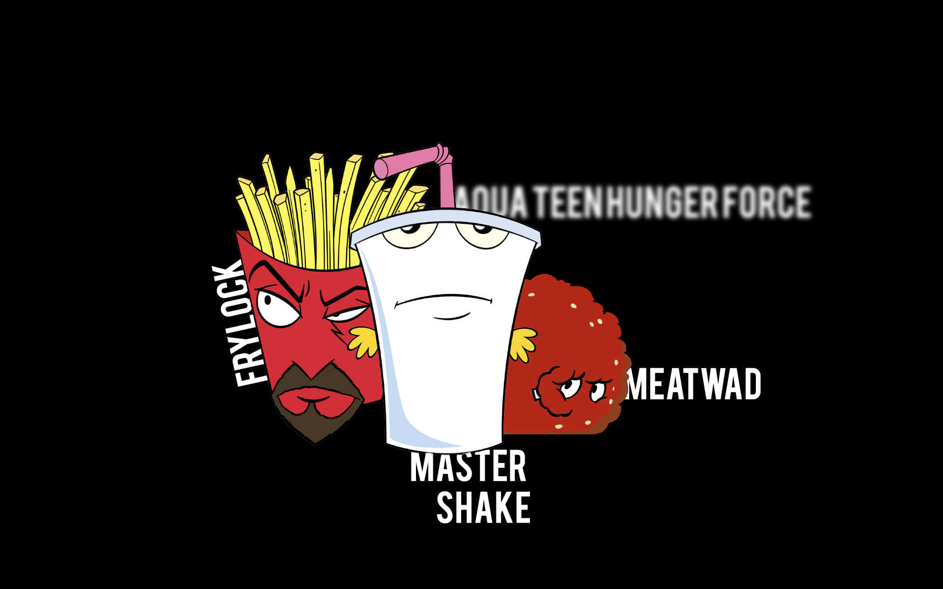 Aqua Teen Hunger Force 桌布 壁紙 — 三個卡通快餐角色 Frylock、Master Shake 和 Meatwad 站在黑色背景前，名字被標記。