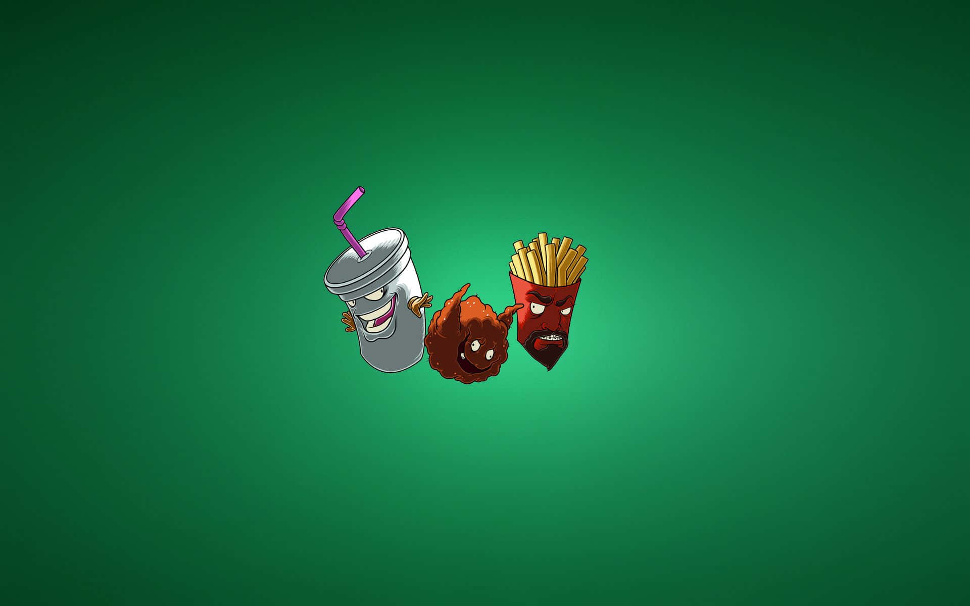 Aqua Teen Hunger Force 桌布 壁紙 — 三個卡通快餐食品，帶有面孔，在純綠色背景上頑皮地咧嘴笑。