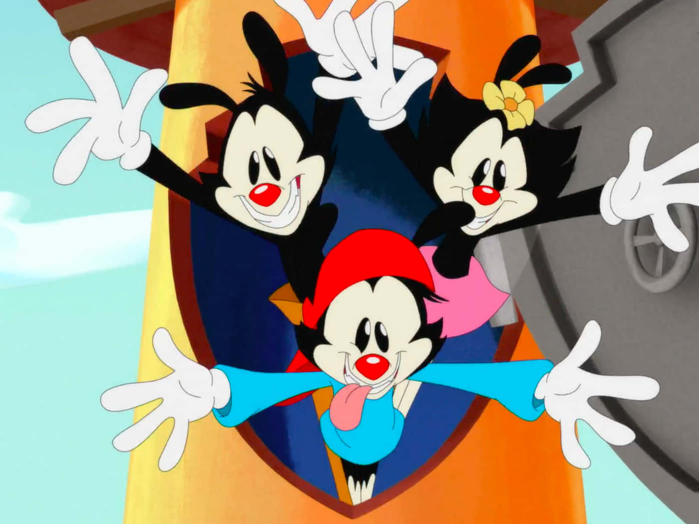Animaniacs - Keep It Moving！ 壁紙 — 三個卡通角色，黑色毛髮、紅色鼻子和白色手套，從色彩繽紛的門口愉快地揮手。