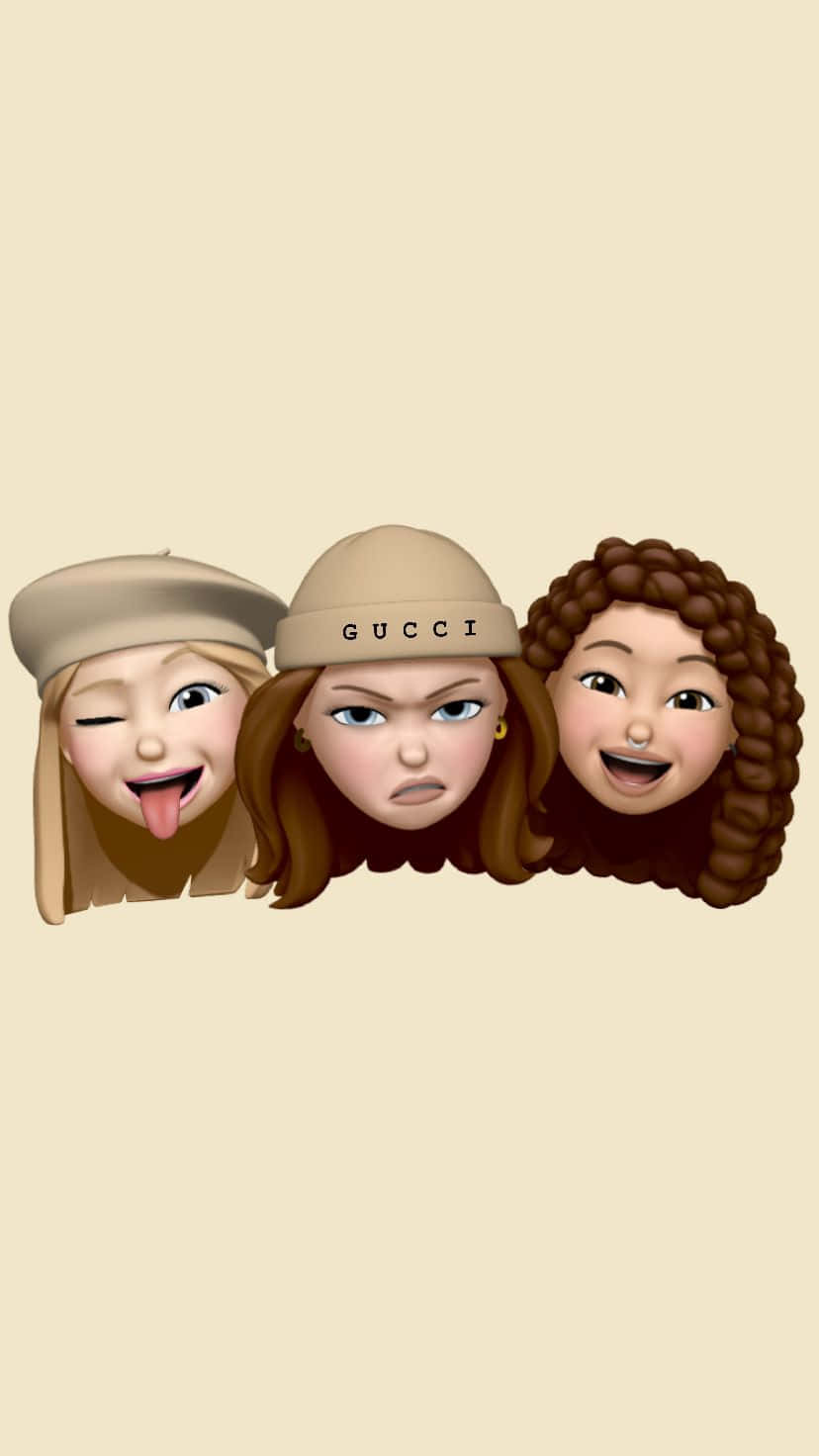 Animojis 桌布 壁紙 — 三個卡通風格動畫女孩，表情和帽子各異，背景為純米色。