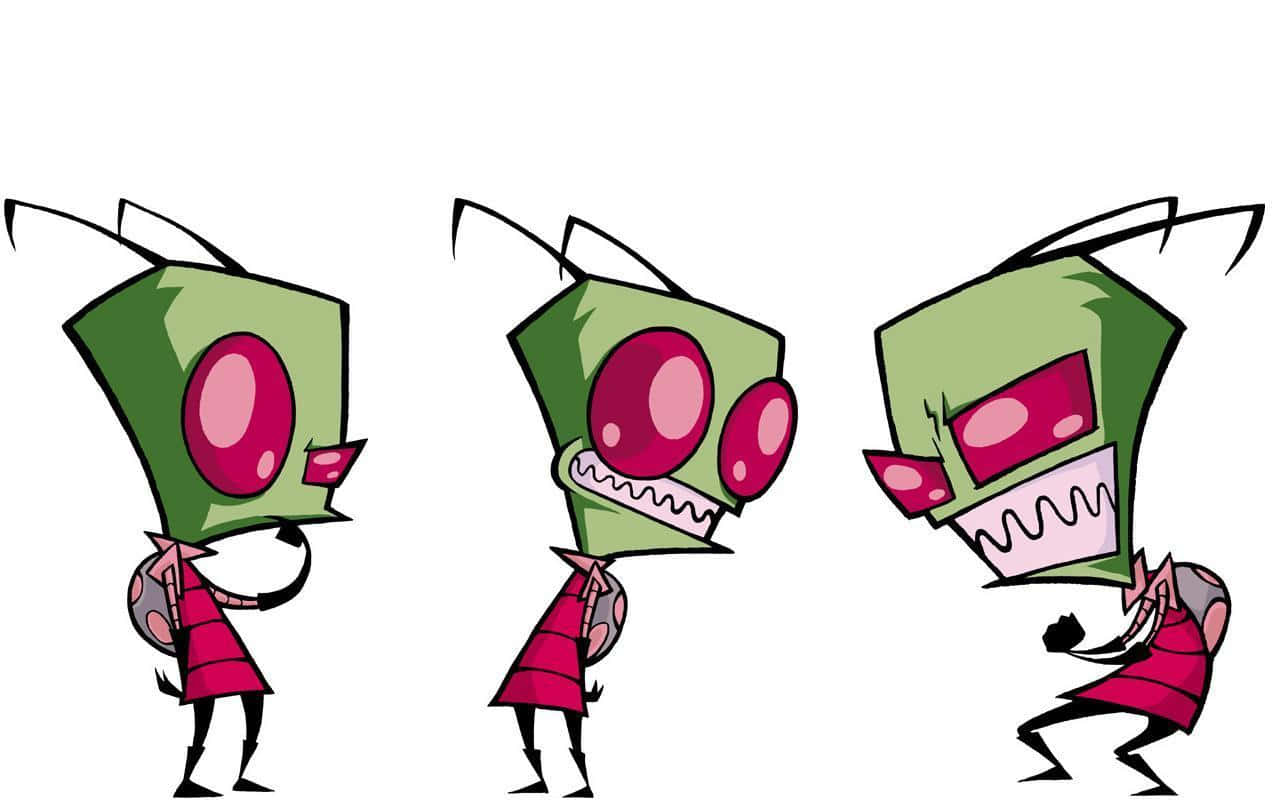Invader Zim 桌布 壁紙 — 三個卡通風格嘅綠色外星人著住紅色衫，喺純白色背景前展示由害羞到憤怒嘅升級表情。