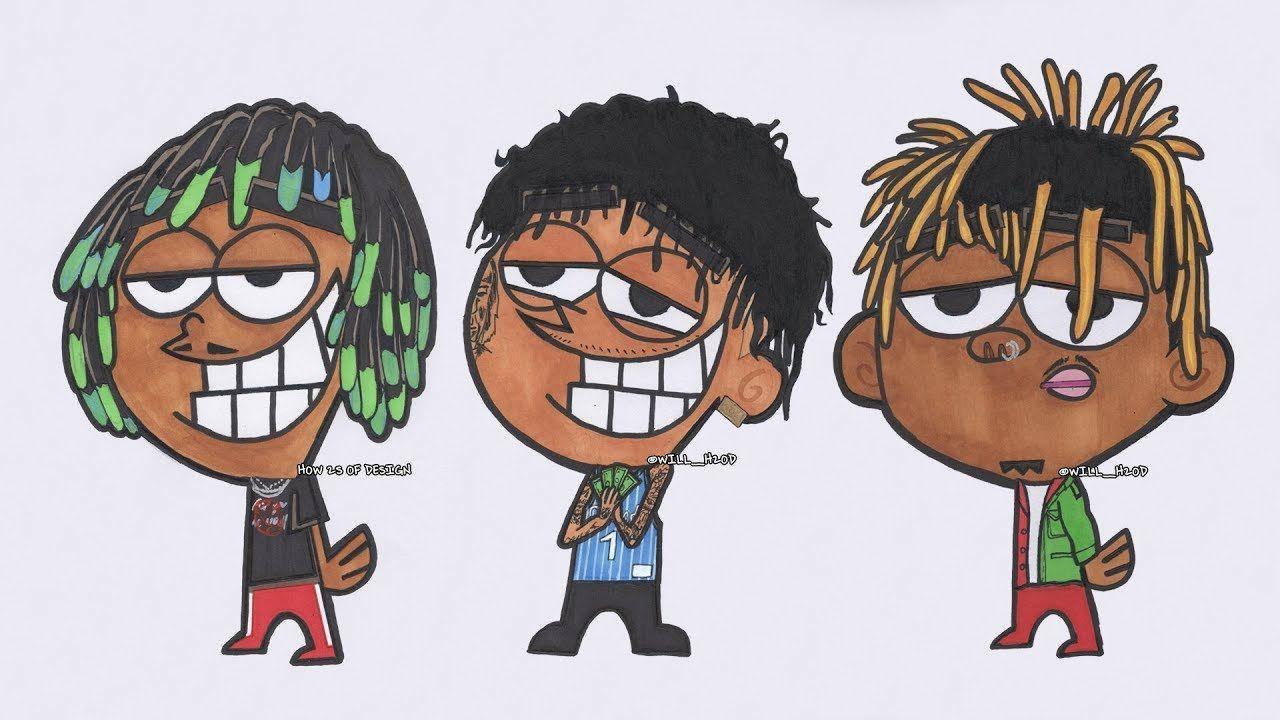 Juice WRLD 桌布 壁紙 — 三個卡通風格插圖角色，帶著誇張的笑容和獨特的髮型，並排站在純白色背景前。