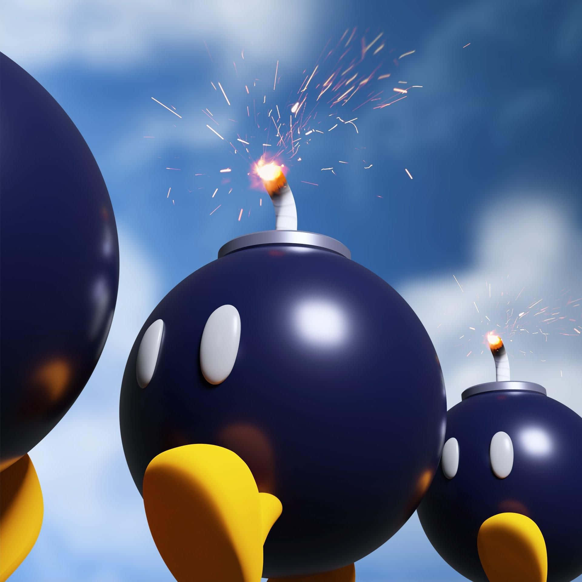 Bob-omb 桌布 壁紙 — 三個卡通風格的藍色炸彈角色，點燃的引信在明亮的藍天下閃爍火花。