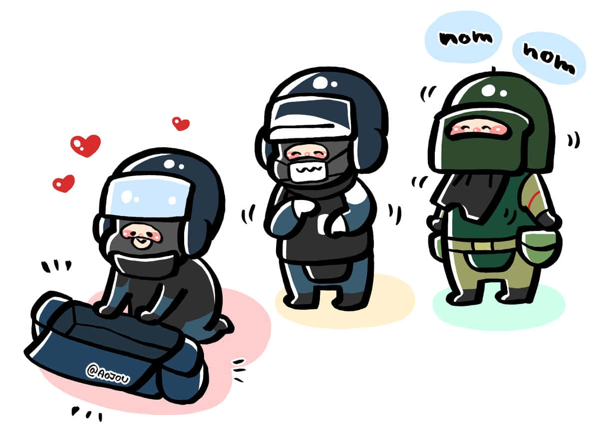 Rainbow Six Siege Rook 桌布 壁紙 — 三個可愛嘅Q版防暴警察，戴住頭盔，有心形同『nom nom』對話氣泡。