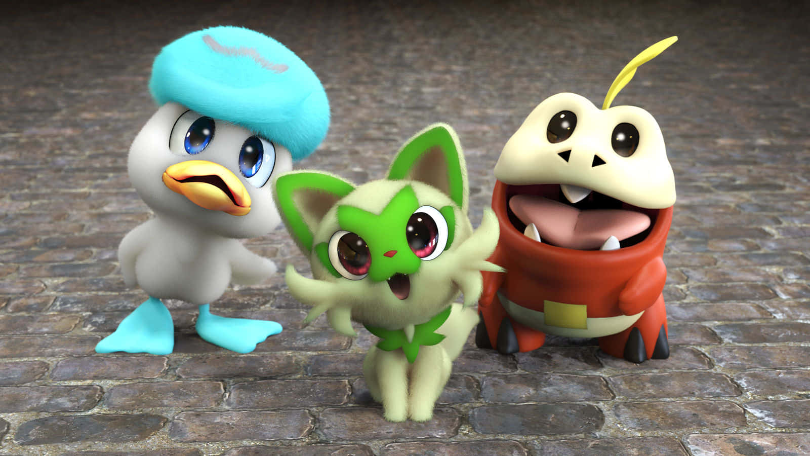 Pokemon Toys 桌布 壁紙 — 三個可愛嘅動漫風格寵物小精靈角色一齊企喺石路上，對眼瞪得大大。