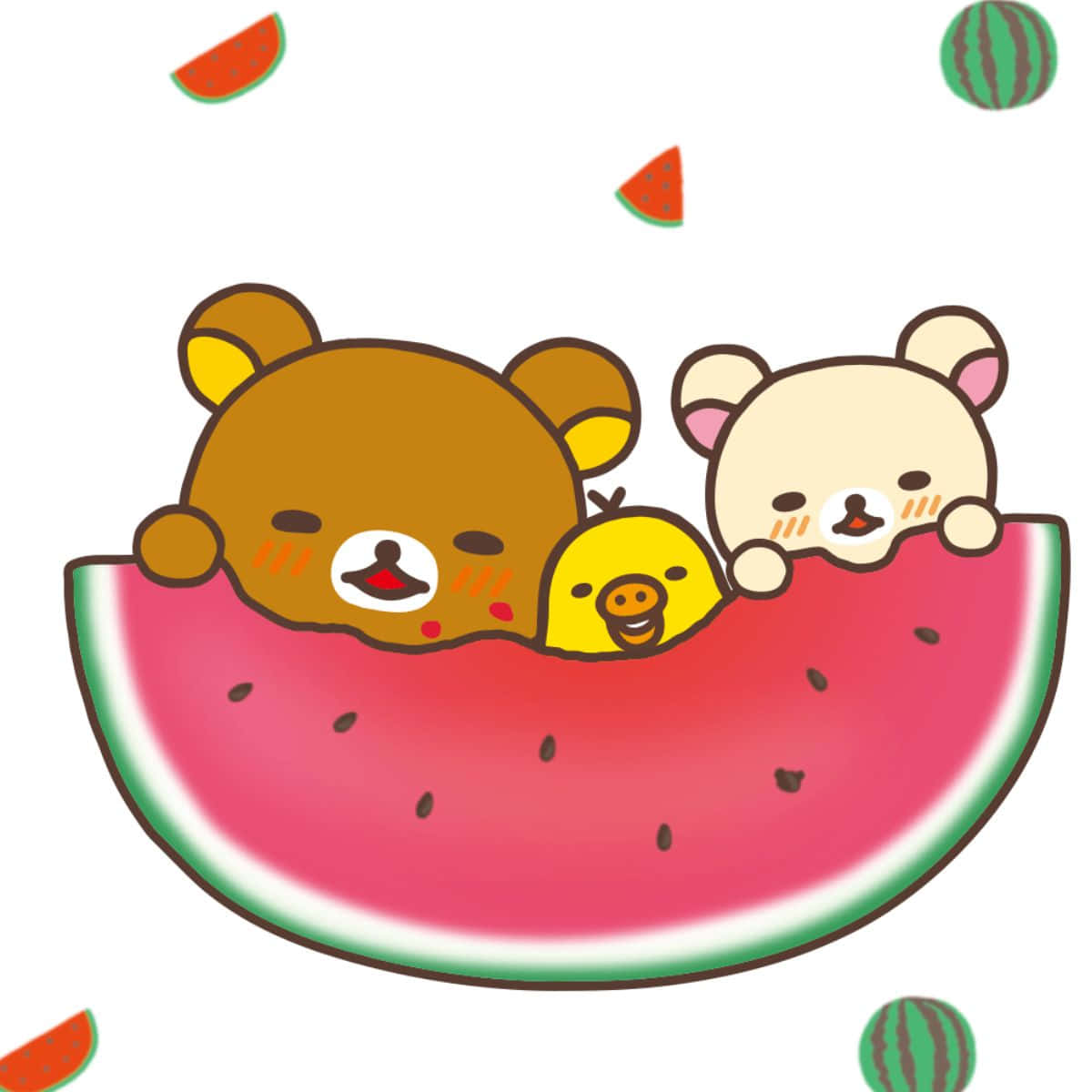 三個卡通動物喺西瓜切片中休息，周圍有漂浮嘅西瓜塊。 — 鬆弛熊 GIF 壁紙