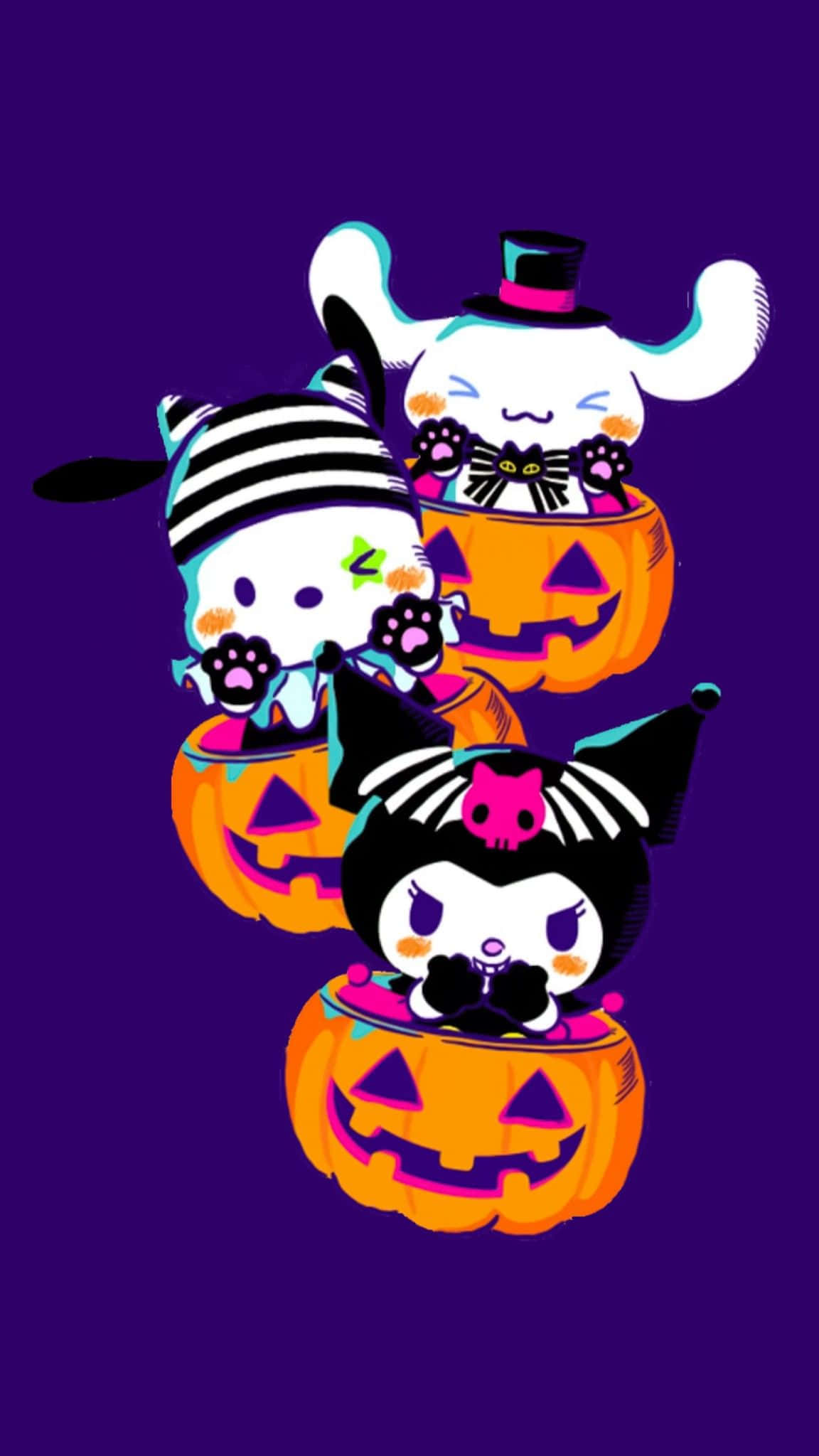 Kuromi Halloween 桌布 壁紙 — 三個可愛嘅卡通角色穿著萬聖節服裝，喺深紫色背景前從發光嘅南瓜燈中探出頭嚟。