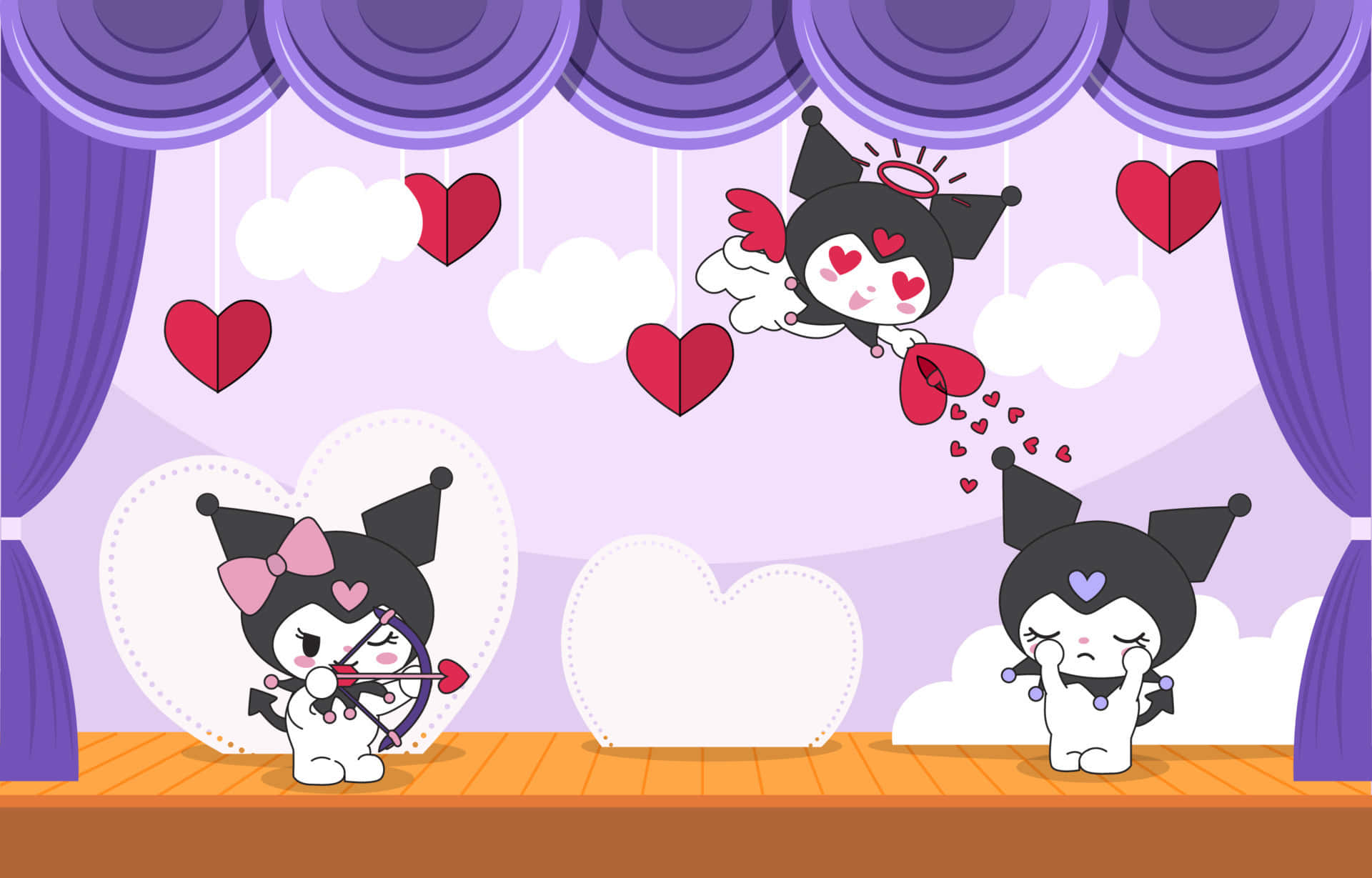 Kuromi Fanart 桌布 壁紙 — 三個可愛的Kuromi角色在紫色劇院場景中，有心形和雲朵，一個正在射箭，其他角色在反應。