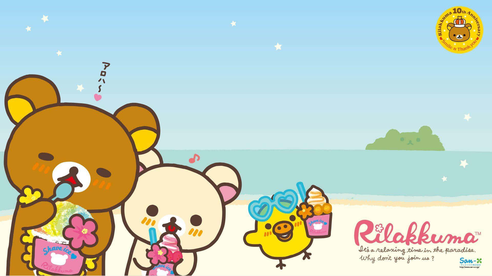 三個Rilakkuma角色在星空下的海灘上喝著刨冰。 — 鬆弛熊 GIF 壁紙
