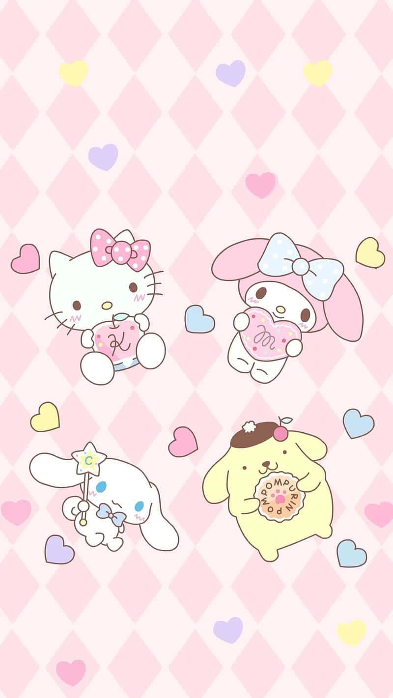 Kawaii Hello Kitty 桌布 壁紙 — 三個可愛的Sanrio角色拿著糕點，在粉紅鑽石背景上漂浮在色彩繽紛的心形之間。