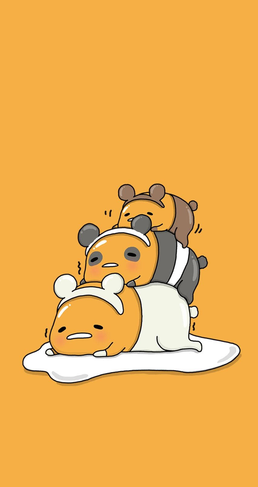 Gudetama We Bare Bears 壁紙 — 三個可愛的卡通角色堆疊在一個白色水坑上，背景為純橙色。
