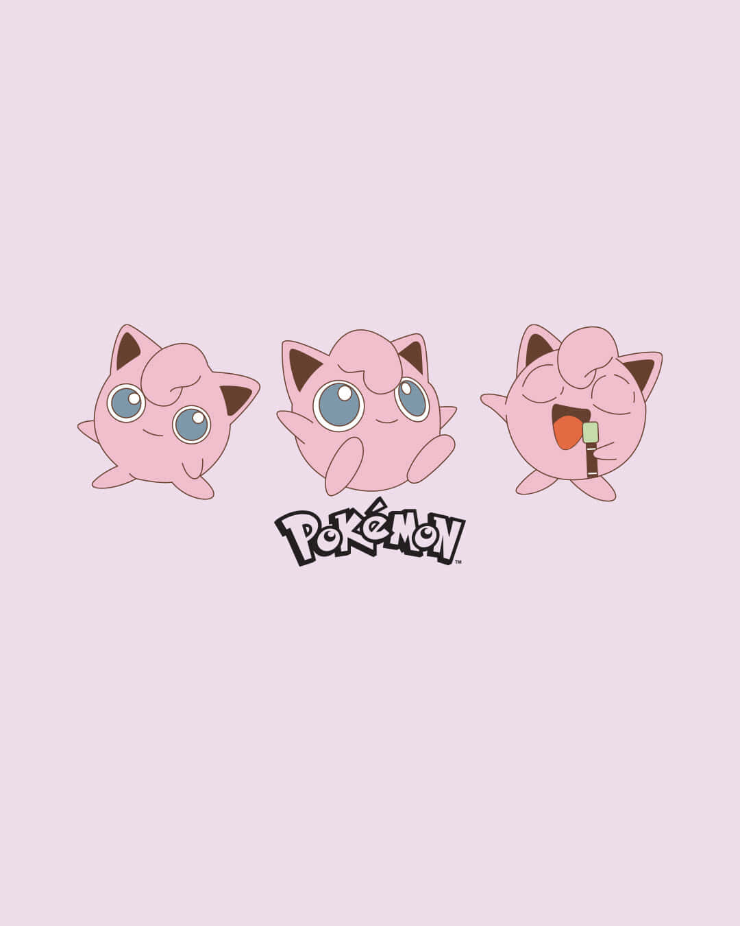 Jigglypuff 桌布 壁紙 — 三個可愛的粉紅色Jigglypuff寶可夢角色，表情各異，置於柔和的薰衣草背景上，下方有寶可夢標誌。
