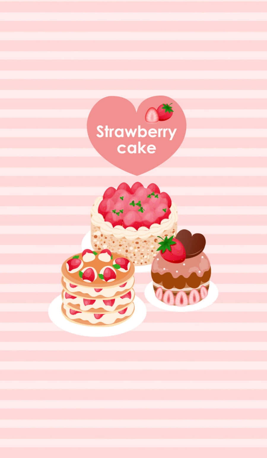 Kawaii Dessert 桌布 壁紙 — 三個可愛的草莓蛋糕放在白色碟子上，背景是柔和的粉紅色條紋，上方有一個心形標誌。