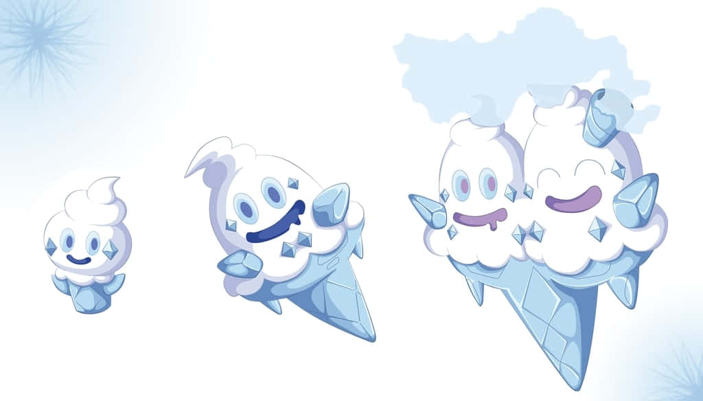 Vanilluxe 桌布 壁紙 — 三個可愛的雪糕筒角色，帶有水晶裝飾和愉快表情，漂浮在雪白的天空中。