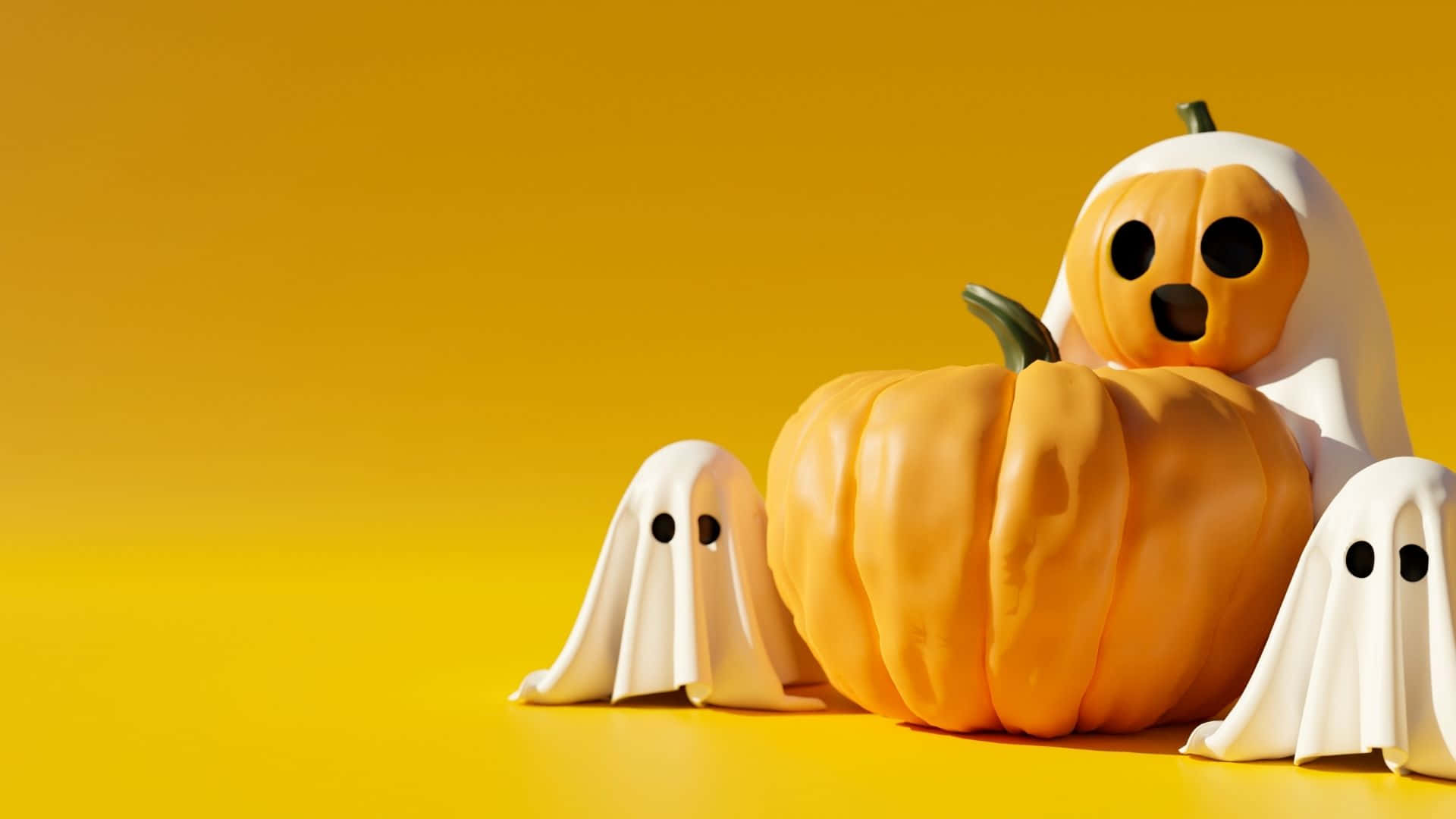 Cute Pumpkin 桌布 壁紙 — 三個可愛的鬼魂公仔，頭部是南瓜造型，坐在充滿活力的黃色背景上，營造出有趣的萬聖節場景。