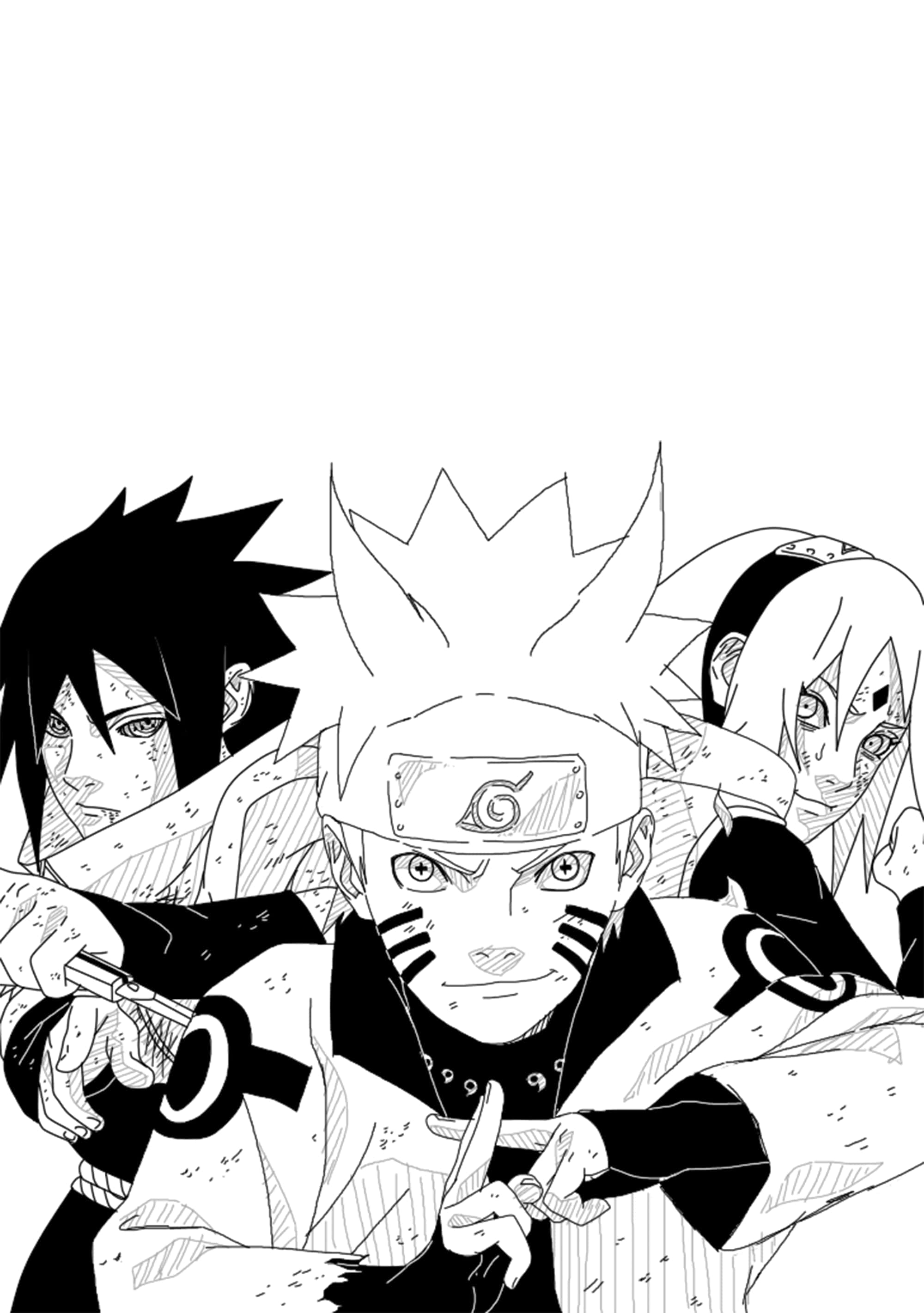 Naruto White 桌布 壁紙 — 三個堅定的動漫忍者以銳利的線條和大膽的陰影，在純白背景下擺出動態姿勢。