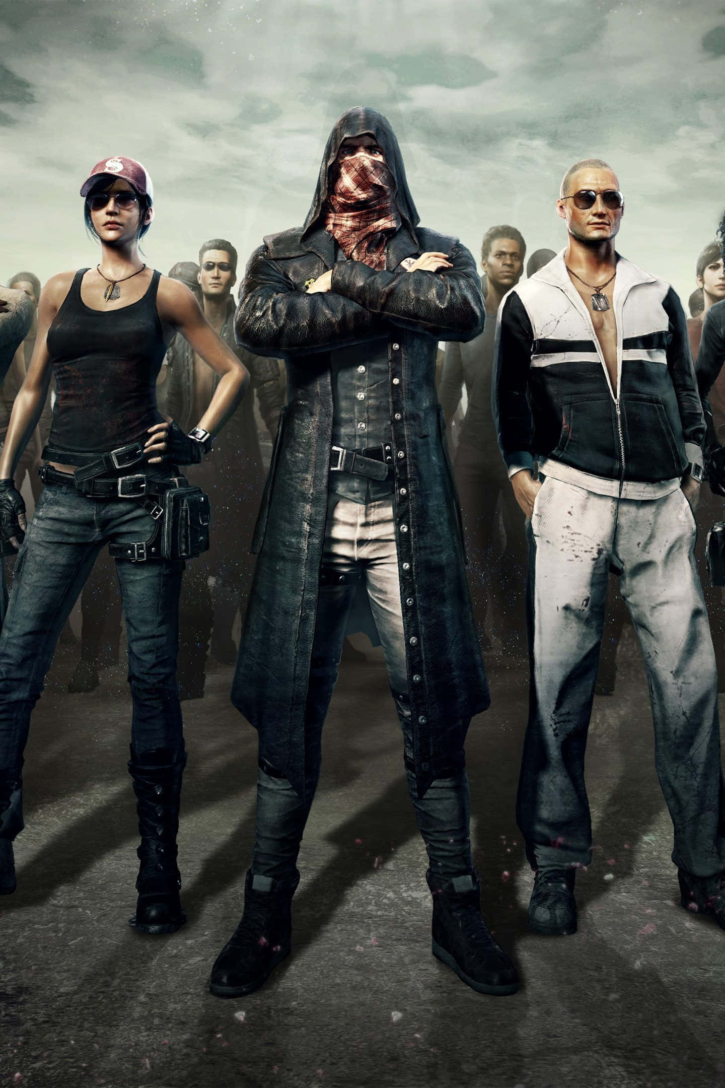 pubg mobile 桌布 壁紙 — 三個堅韌的末日後倖存者在風暴天空下的荒蕪廢土中挑釁地站立。