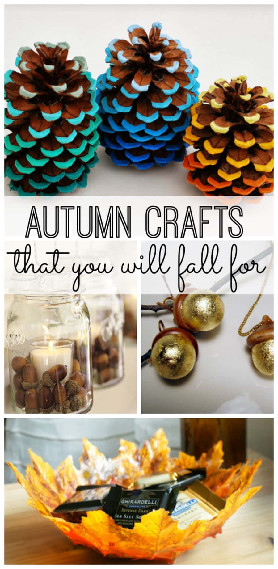 Fall Crafts 桌布 壁紙 — 三個塗上青藍色和橙黃色的松果放在一個秋季手工藝拼貼畫上，包括橡子燭台和葉形禮物盒。