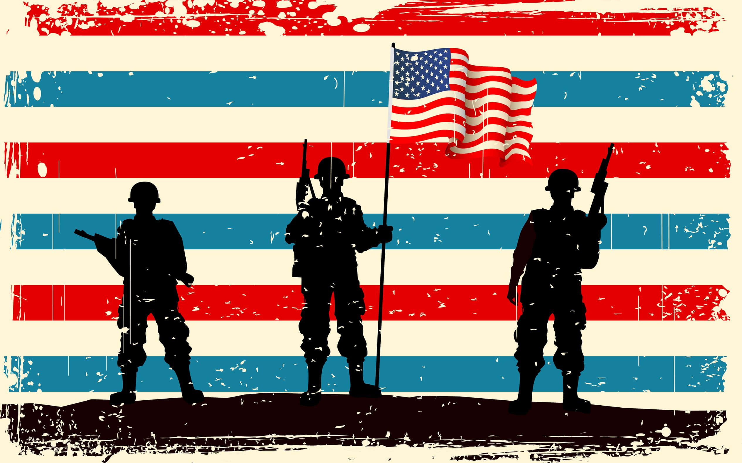 退伍軍人節 桌布 壁紙 — 三個士兵剪影持步槍和美國國旗，立正站在經風化的紅、白、藍條紋背景前。