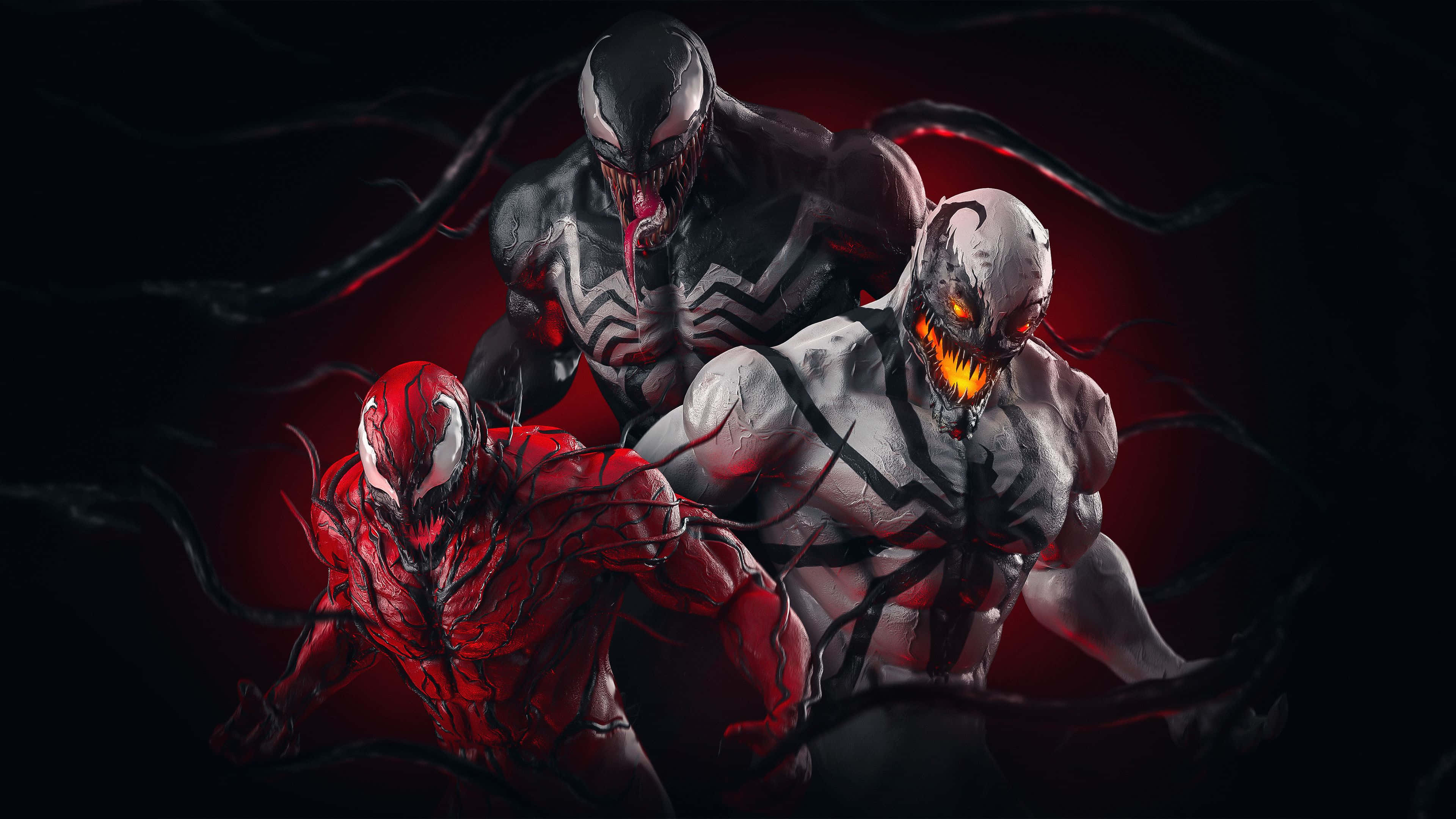 血蜘蛛 桌布 壁紙 — 三個威脅性的共生體角色 Venom、Carnage 和另一個變體蹲伏在一個暗紅色燈光的場景中，黑色觸手在他們周圍盤旋。