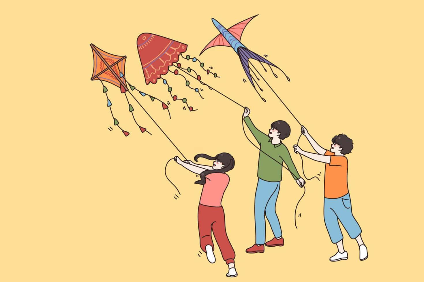 Outdoor Activities 桌布 壁紙 — 三個孩子在純黃色背景上開心地放著色彩繽紛的風箏，這是一幅充滿趣味的插圖。