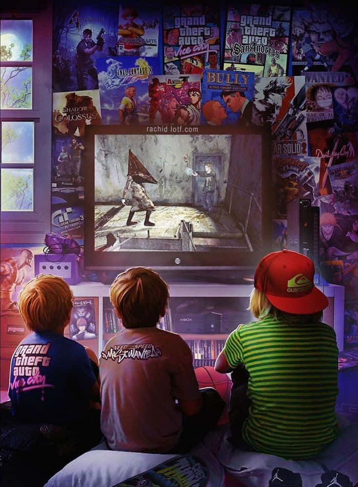 Gaming Art 桌布 壁紙 — 三個孩子在遊戲室內看電視上的恐怖遊戲，周圍貼滿了電子遊戲海報。