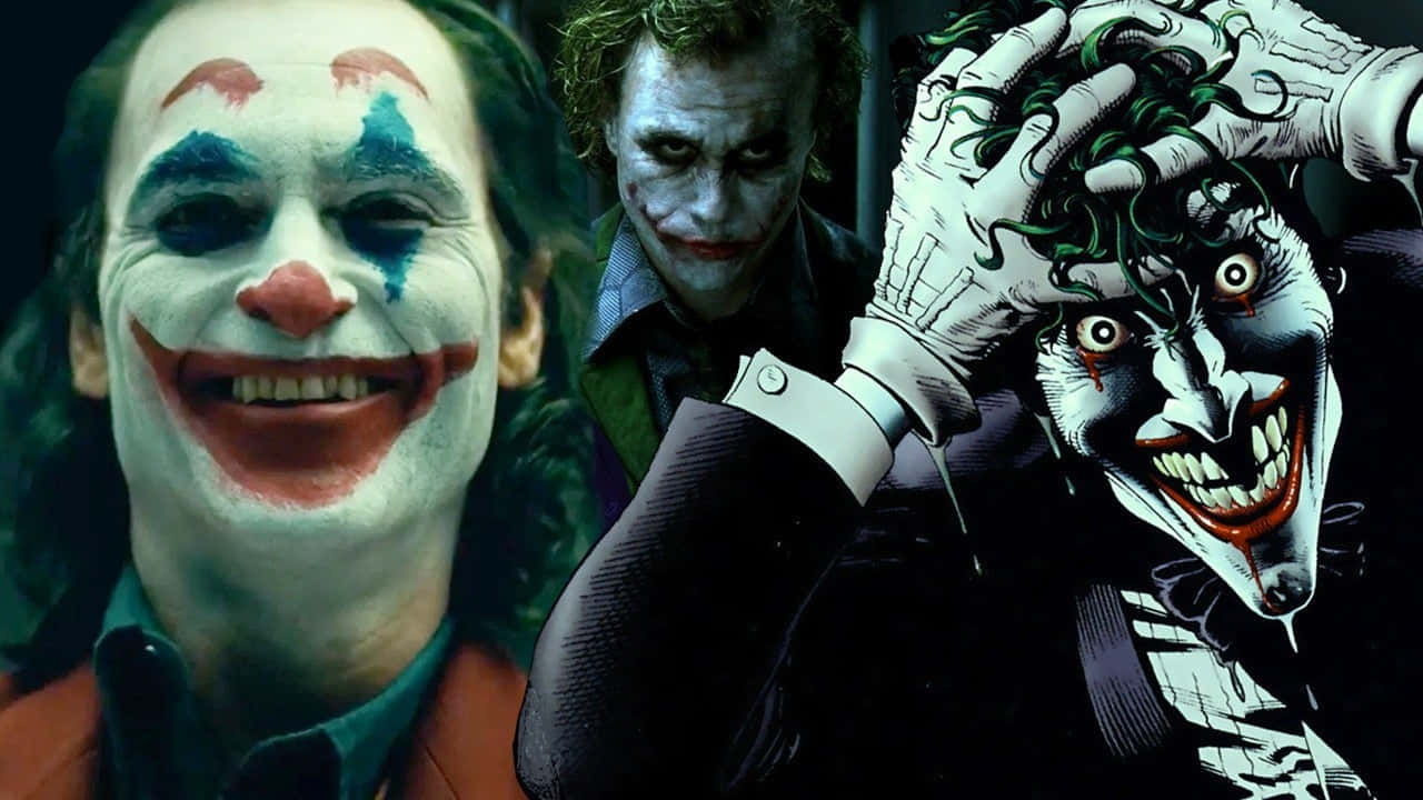 Batman Three Jokers 桌布 壁紙 — 三個小丑並排的描繪：真人版、粗獷電影和漫畫風格，帶有誇張的笑容和混亂的化妝。