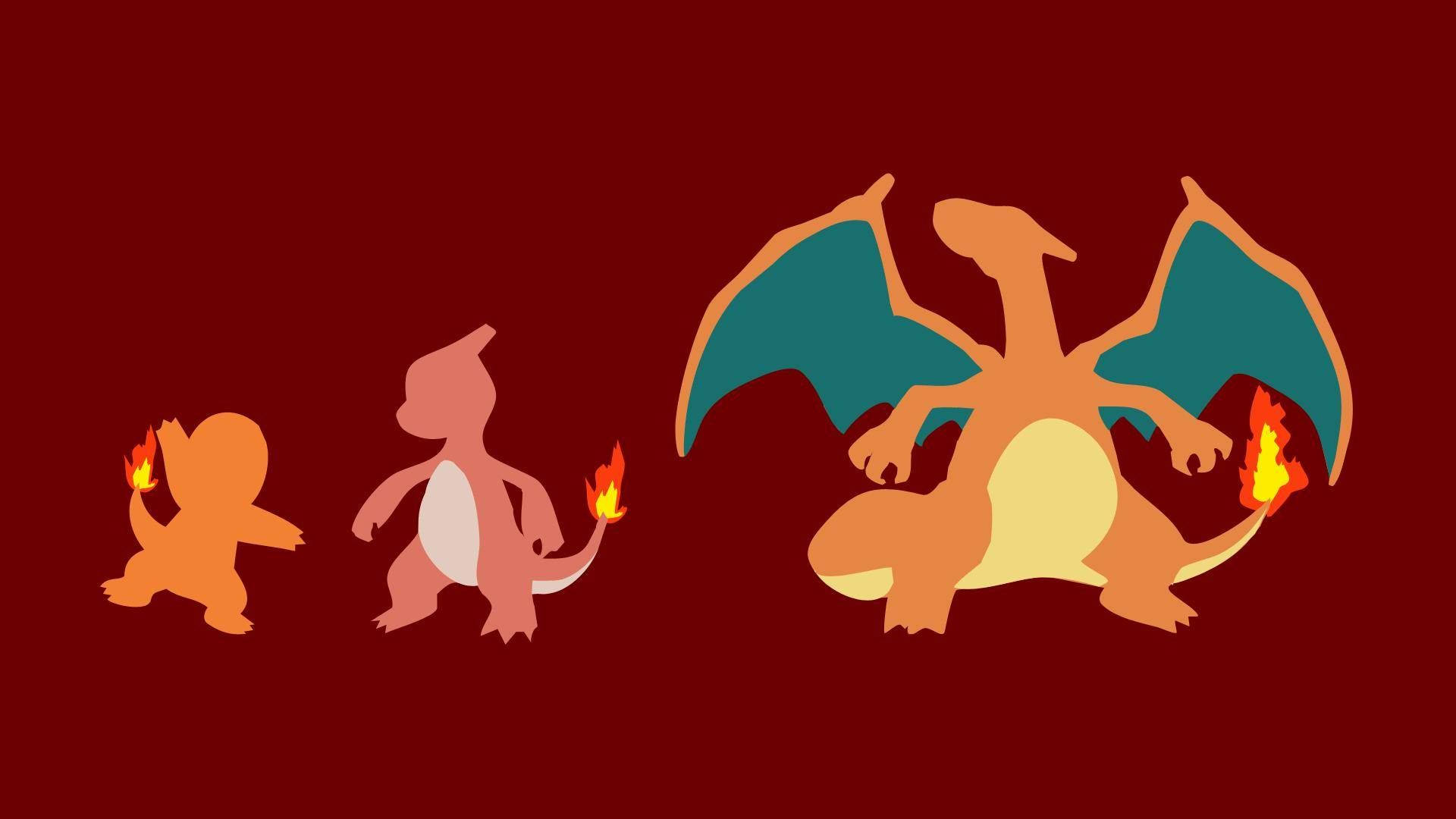 Charizard Taking Flight 壁紙 — 三個小火龍進化階段以扁平剪影顯示在深紅色背景上。