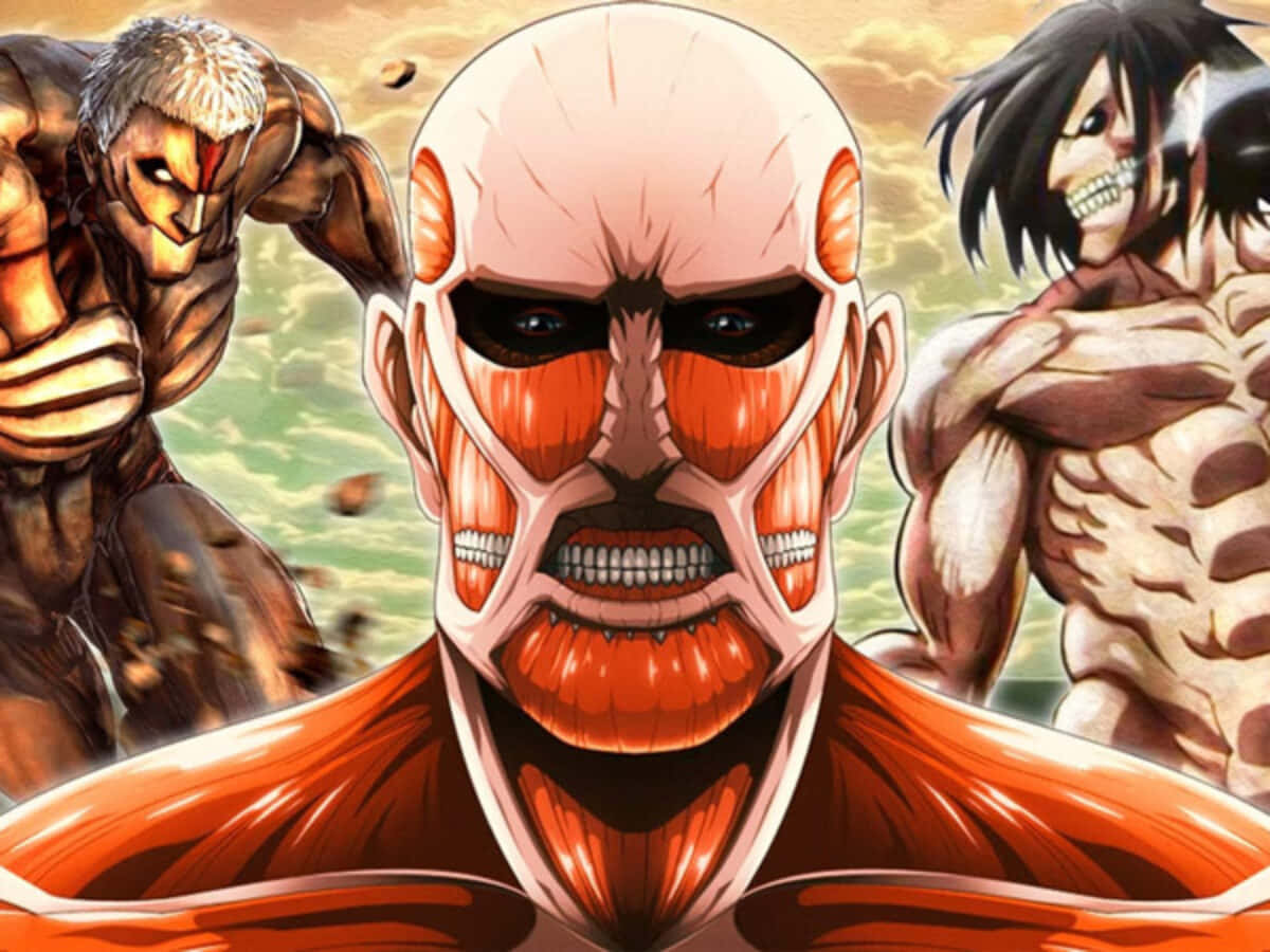 Humanoid Monsters 桌布 壁紙 — 三個巨大的人形泰坦，肌肉暴露，表情兇猛，主宰著朦朧天空下混亂的戰場。