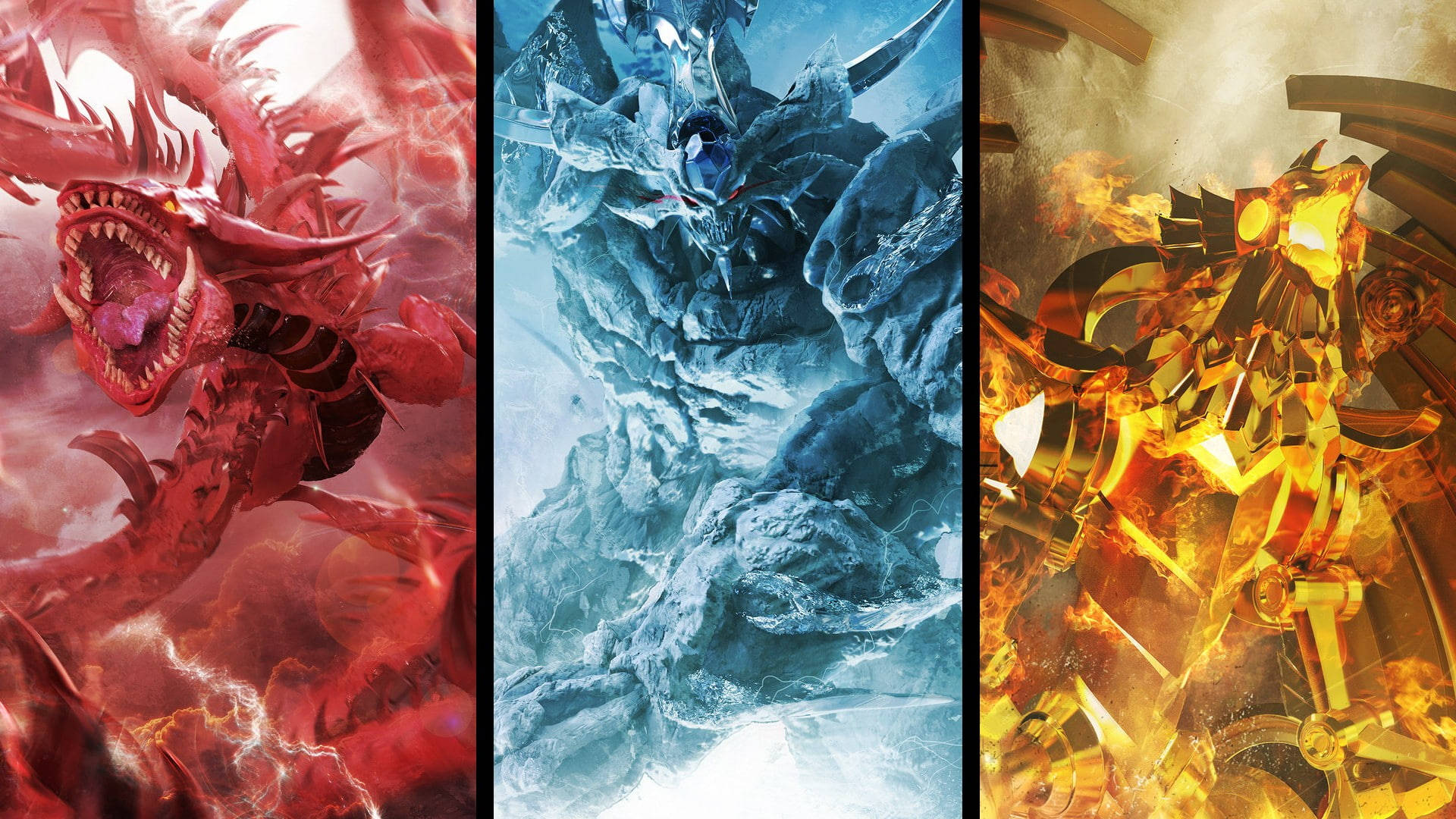 Yu Gi Oh 桌布 壁紙 — 三個巨大的元素泰坦在火紅、冰藍和熔金混亂中咆哮。
