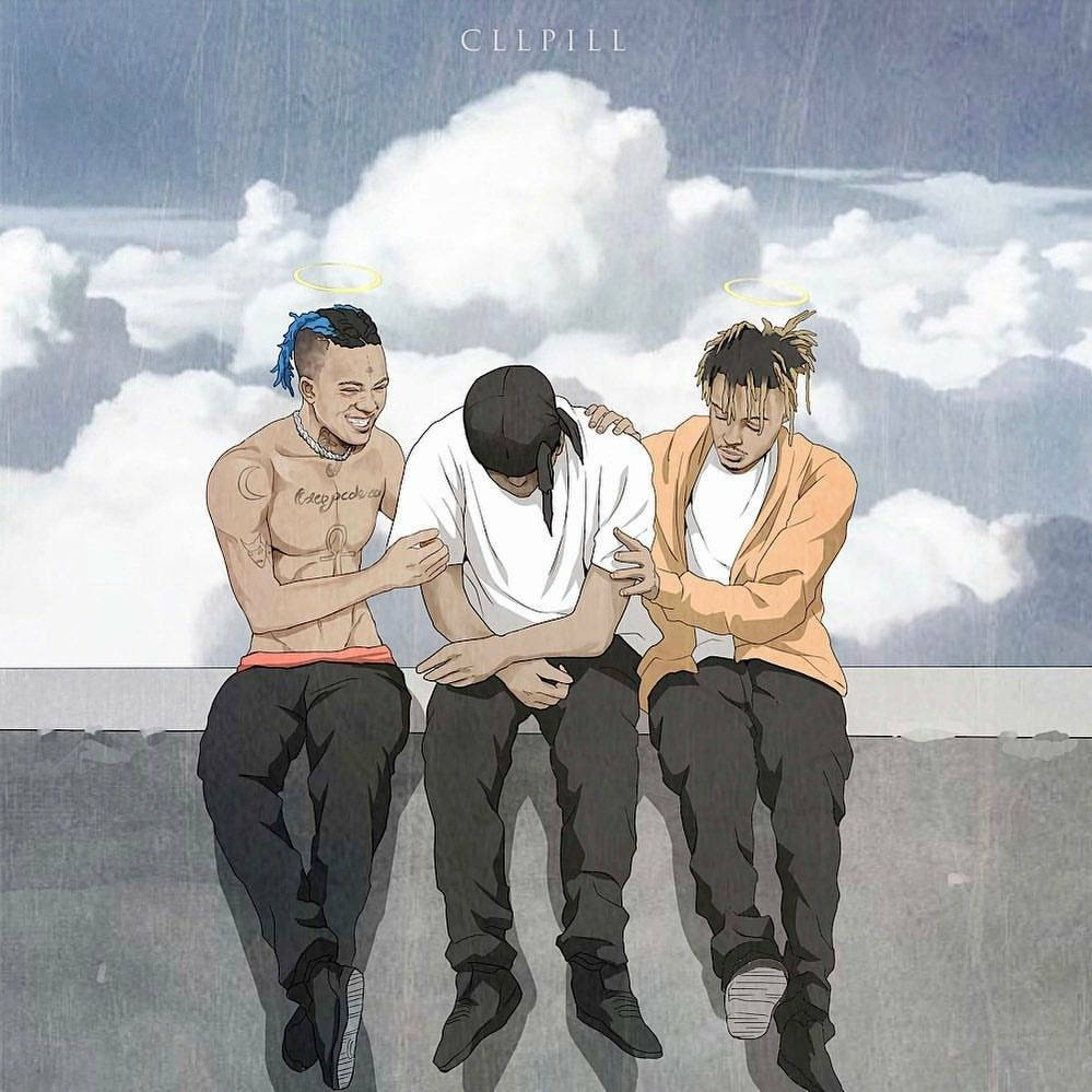 三個帶光環的男人坐在壁架上，在雨雲下互相安慰。 — Xxxtentacion 動漫 GIF 壁紙