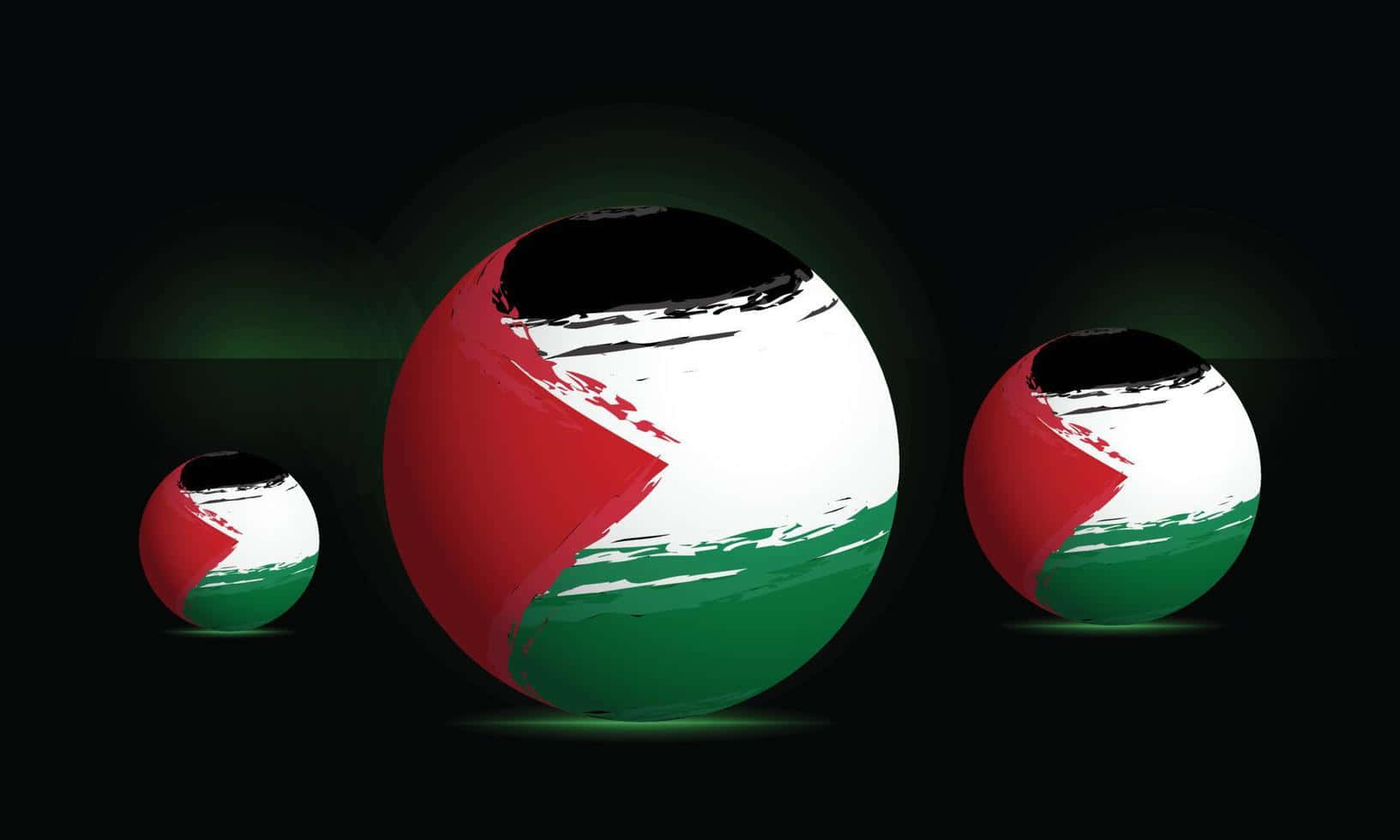 Palestine 桌布 壁紙 — 三個帶有巴勒斯坦國旗圖案嘅發光球體喺帶有綠色亮點嘅深色背景上漂浮。