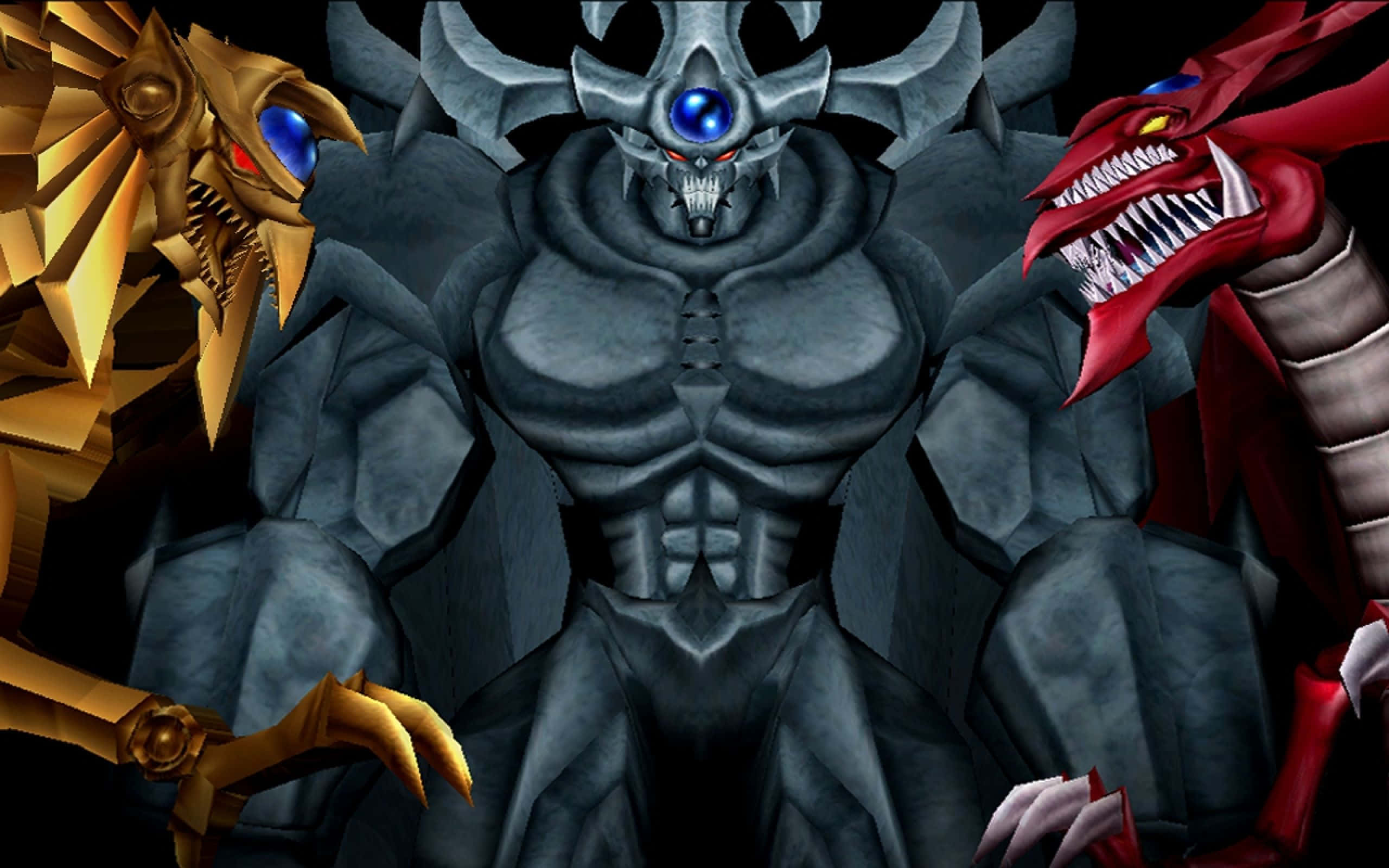 Obelisk The Tormentor 桌布 壁紙 — 三個帶有發光眼睛和尖牙的威脅性動漫怪物，以黑暗戲劇性的姿勢站立。