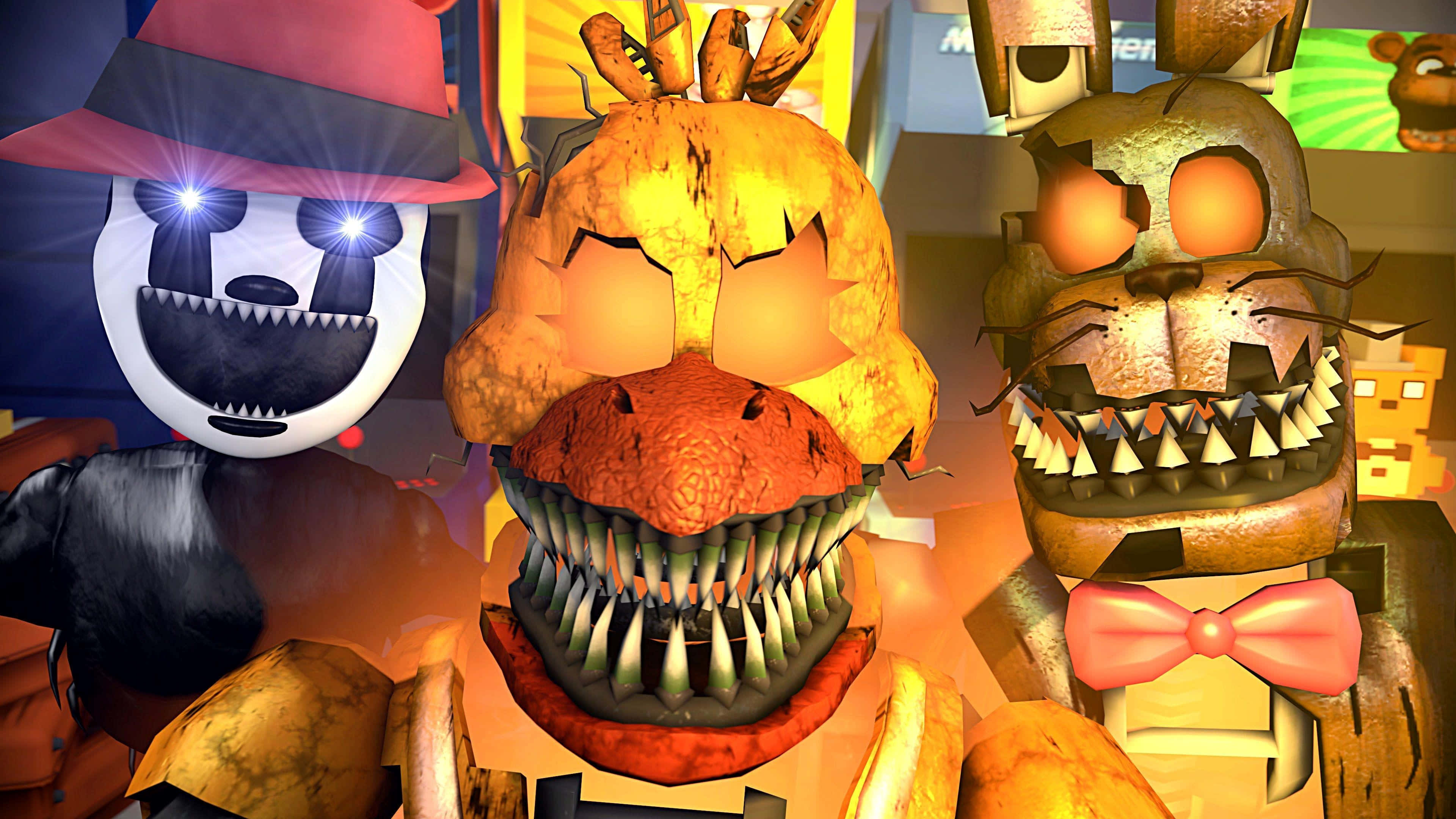 Animatronics 桌布 壁紙 — 三個帶有發光眼睛和尖銳牙齒的威脅性電子動畫角色在昏暗的街機環境中直視前方。