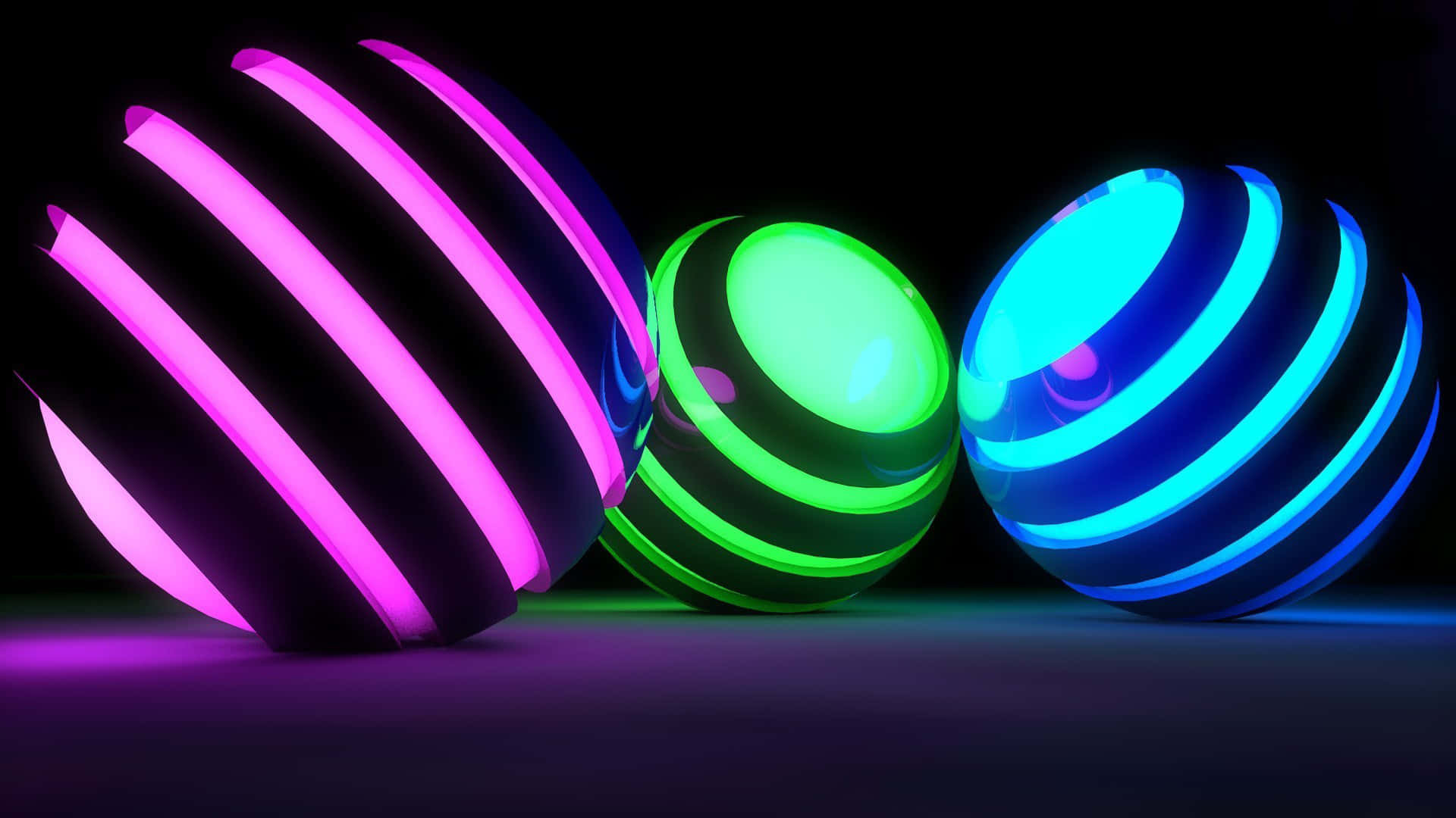 Beautiful Neon 桌布 壁紙 — 三個帶有紫色、綠色和藍色霓虹條紋的發光球體，在黑暗的地板上投射出鮮豔的反射。