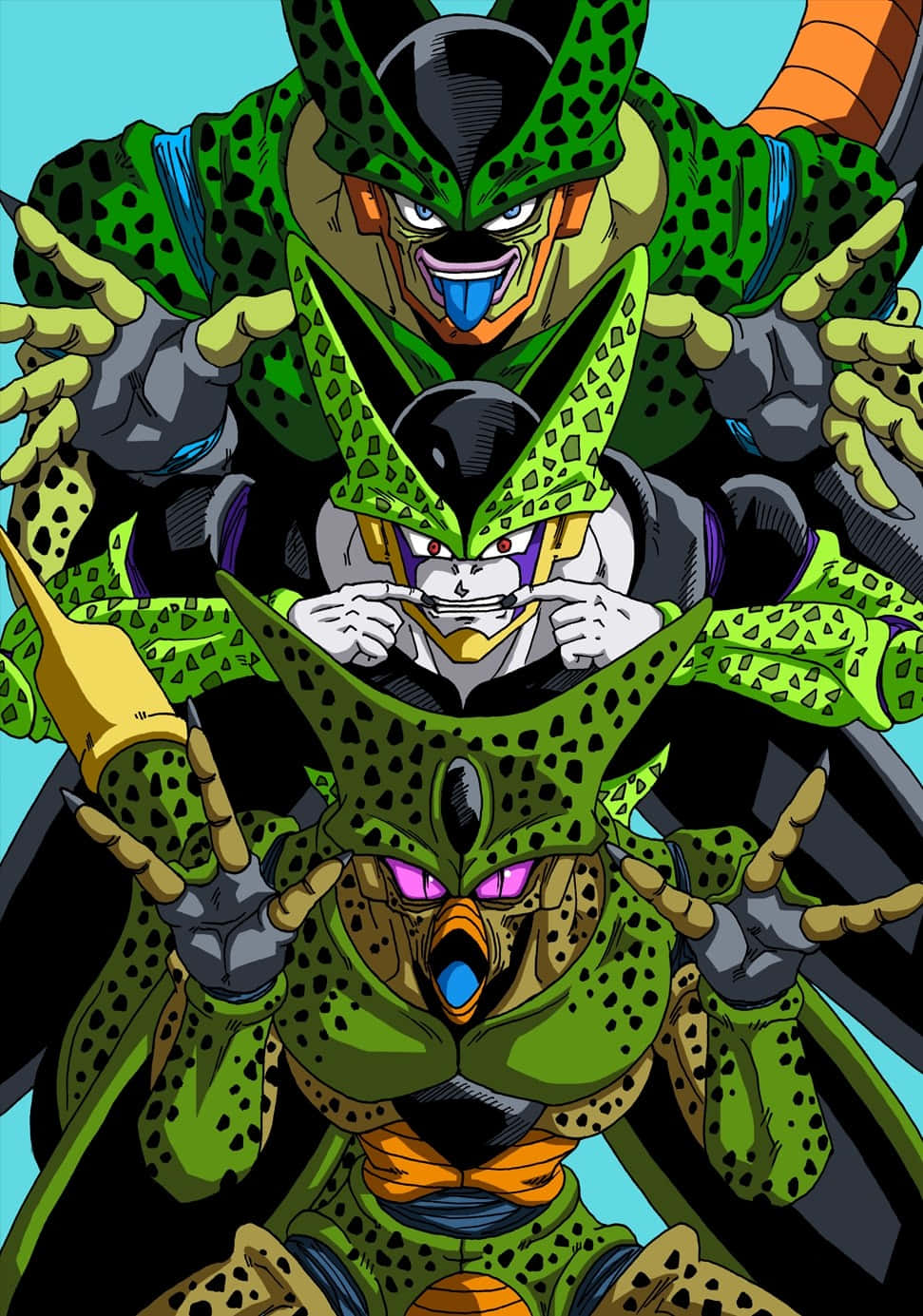 Cell Games 桌布 壁紙 — 三個帶有綠色斑點皮膚和鋒利爪子的威脅性細胞形態，在青色背景上以堆疊的動漫構圖聳立。