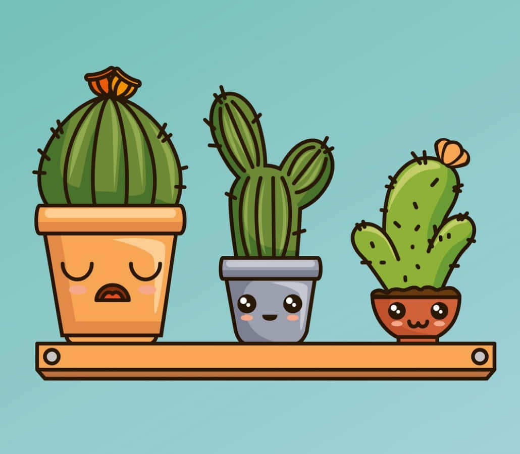 Kawaii Cactus 桌布 壁紙 — 三個帶有臉的可愛盆栽仙人掌坐在木架上，背景為青綠色。