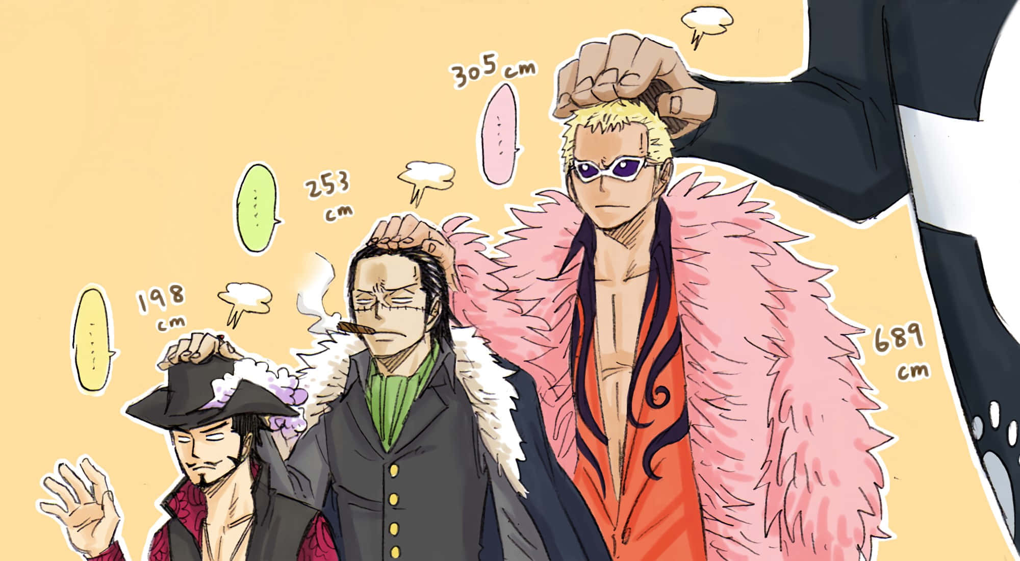 Donquixote Doflamingo 桌布 壁紙 — 三個帶有身高標籤的動漫角色漂浮在溫暖的黃色背景上，展示誇張的比例和大膽的輪廓。