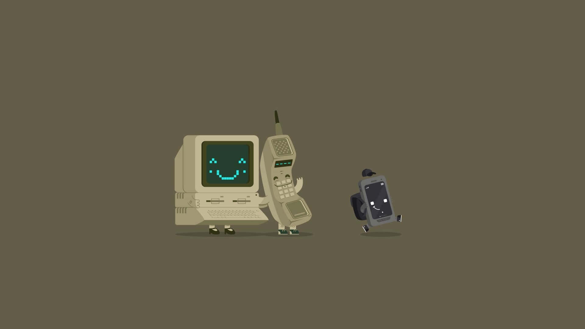 Minimalist Technology 桌布 壁紙 — 三個帶有面孔的復古科技小工具站在純棕色背景上，微笑並揮手。