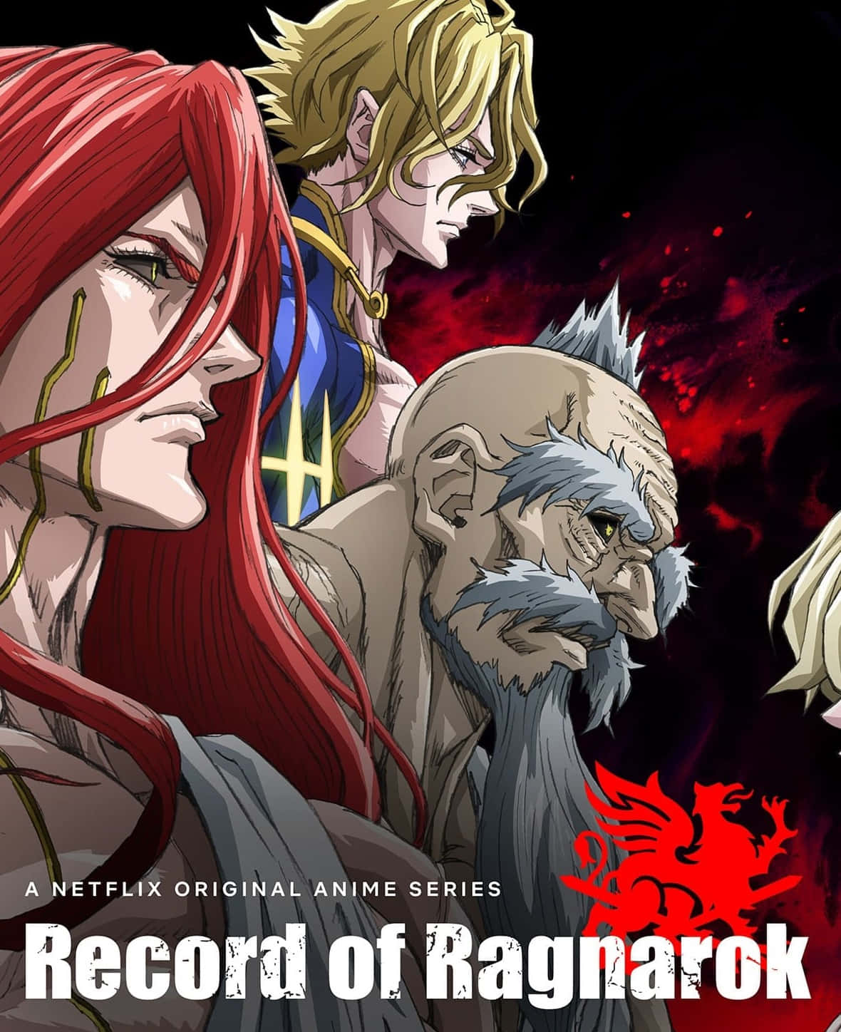Record Of Ragnarok 桌布 壁紙 — 三個強烈的動漫角色，紅髮、金髮和灰鬍子，在深紅色的宇宙背景下向前凝視。