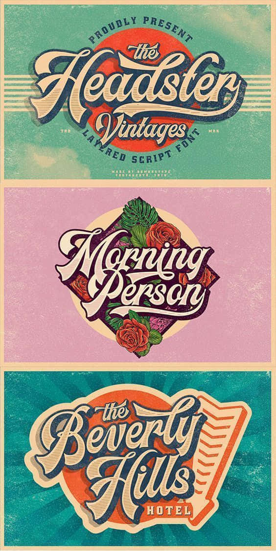 Minimalist Typography 桌布 壁紙 — 三個復古風格標誌設計，採用華麗手寫字體和復古色調，搭配紋理背景。