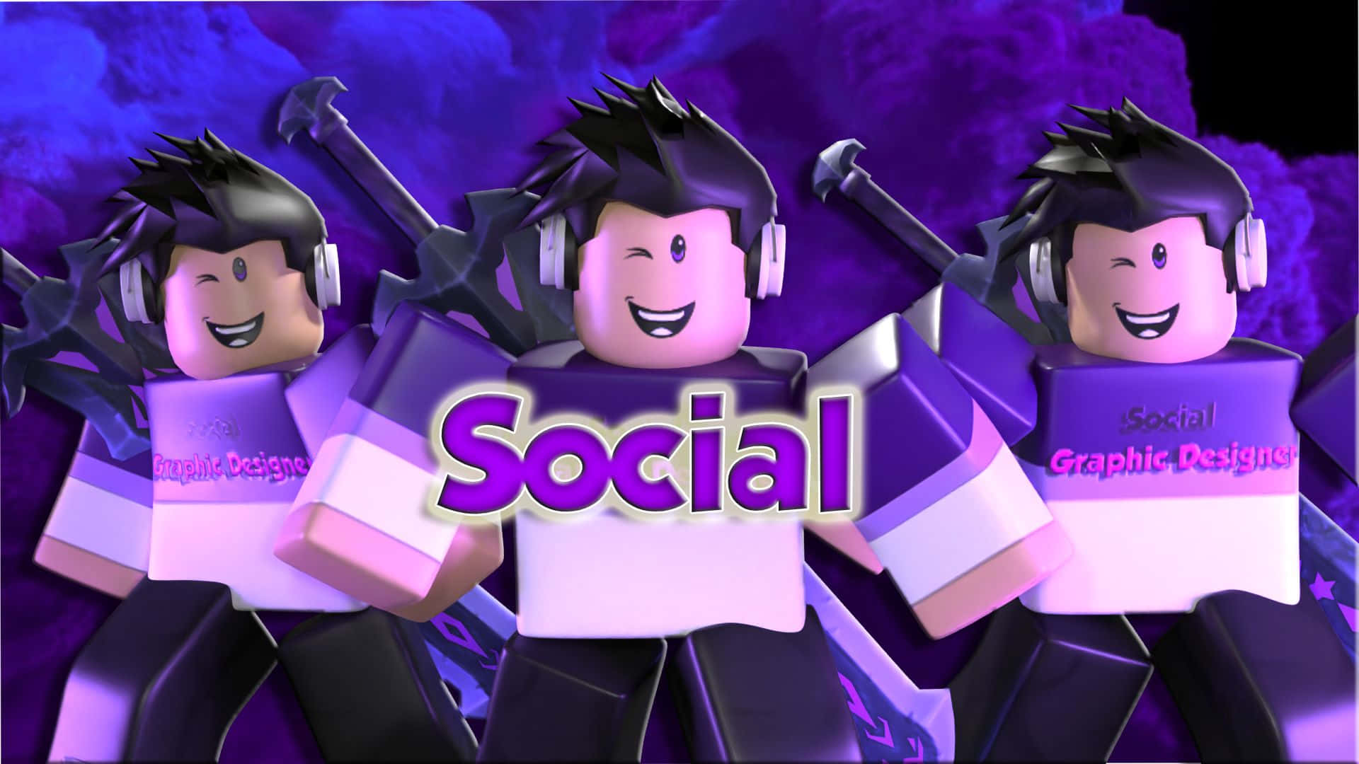 Roblox Gfx 桌布 壁紙 — 三個微笑的 Roblox 角色穿著紫色和粉紅色的服裝，在充滿活力的紫色雲朵背景前，與發光的「Social」文字一起擺姿勢。