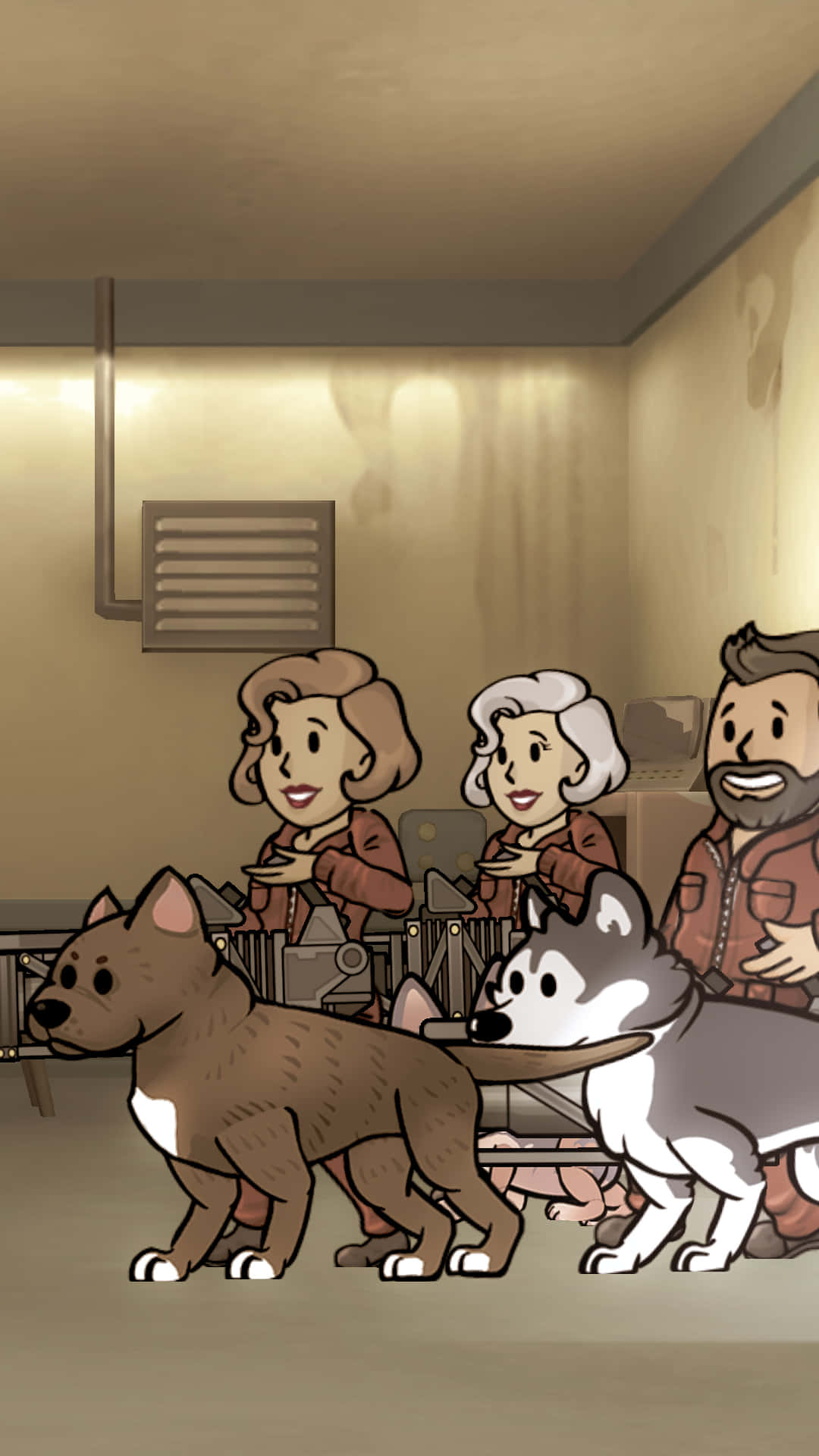 Fallout Shelter 桌布 壁紙 — 三個微笑的人喺一個溫暖光線嘅房間入面，企喺兩隻頑皮嘅狗後面，一隻啡色，一隻哈士奇。