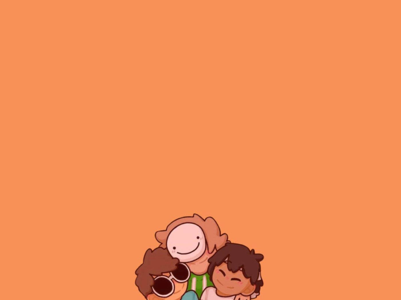 三個卡通朋友在橙色背景前溫暖地擁抱。 — 夢境 GIF 壁紙